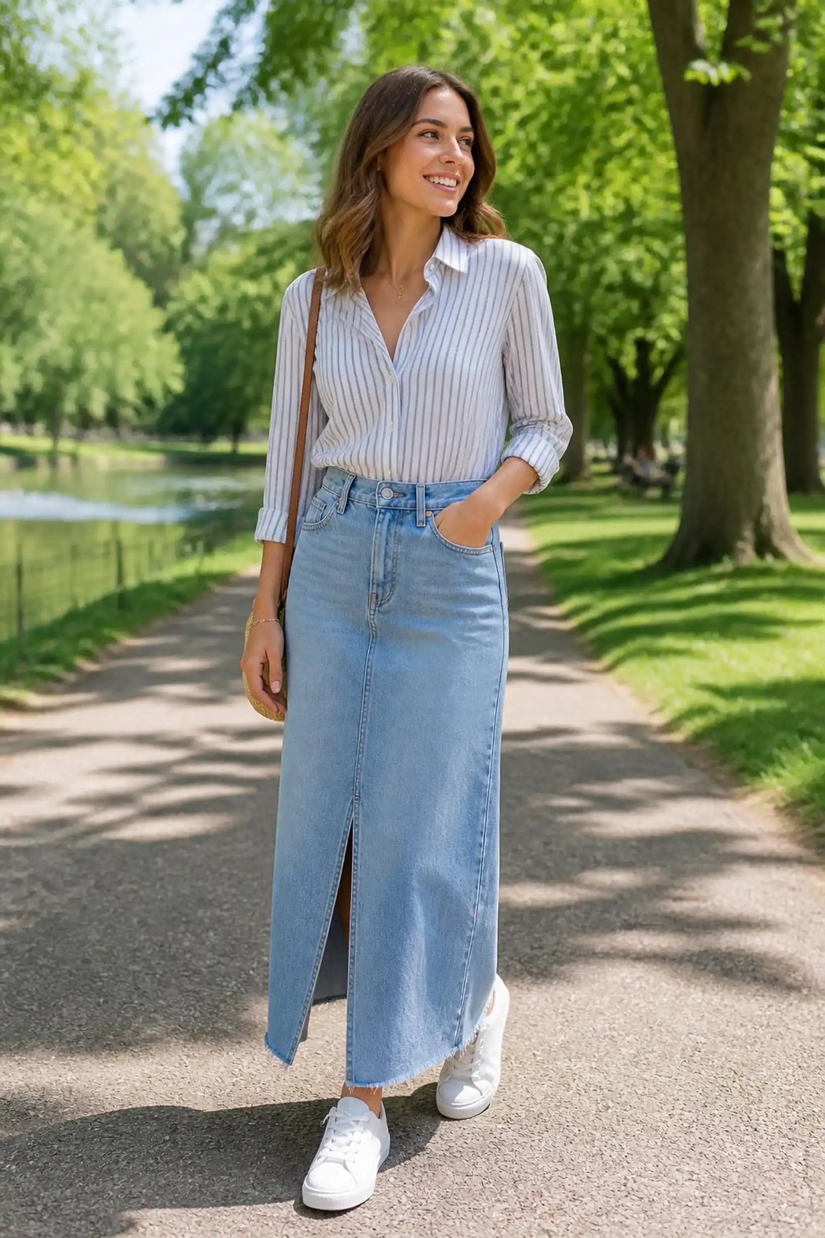 Summer picnic style with light denim maxi skirt