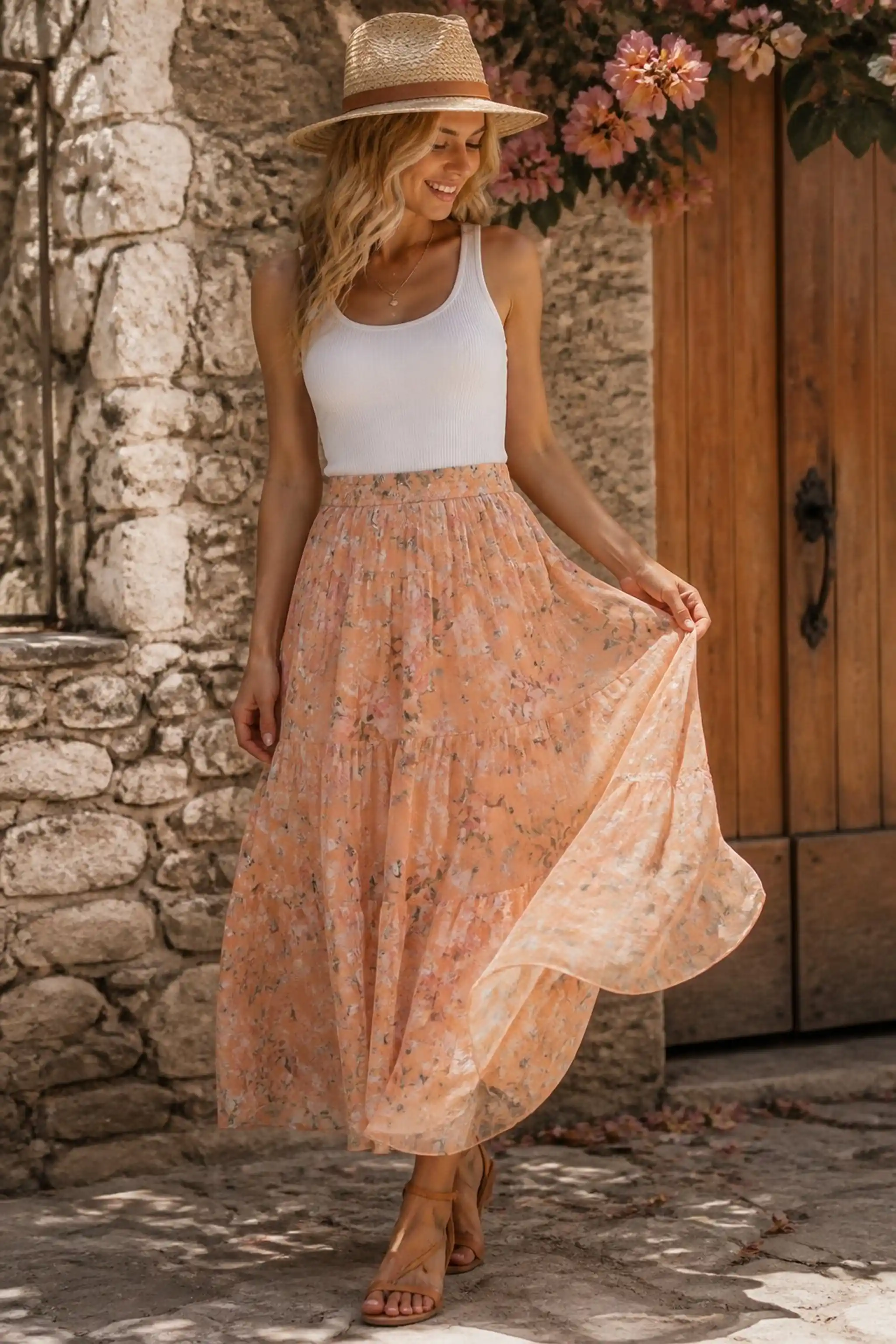 Sunny day outfit with a floral chiffon maxi skirt