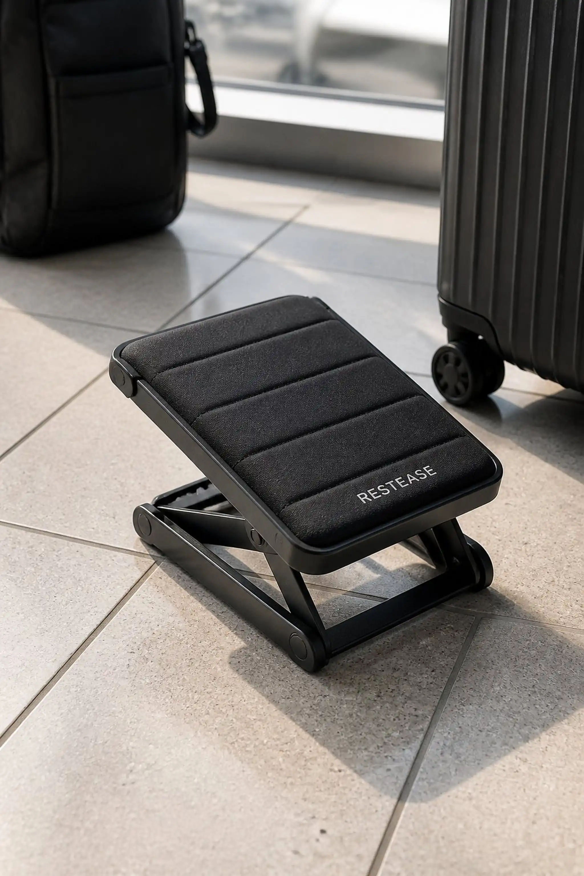 Folding portable footrest eases leg strain