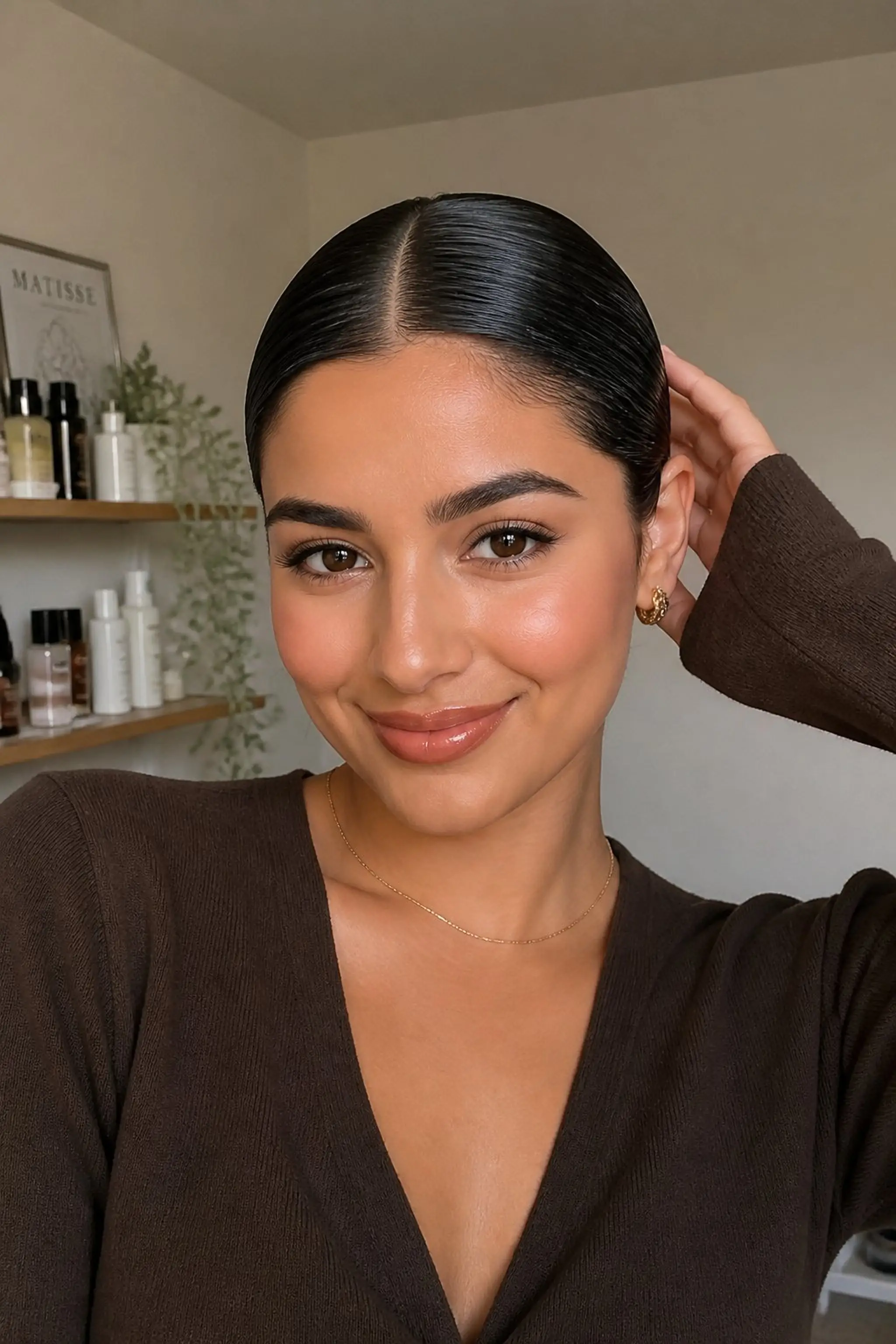 Slicked-Back Wet Hair With Center Part