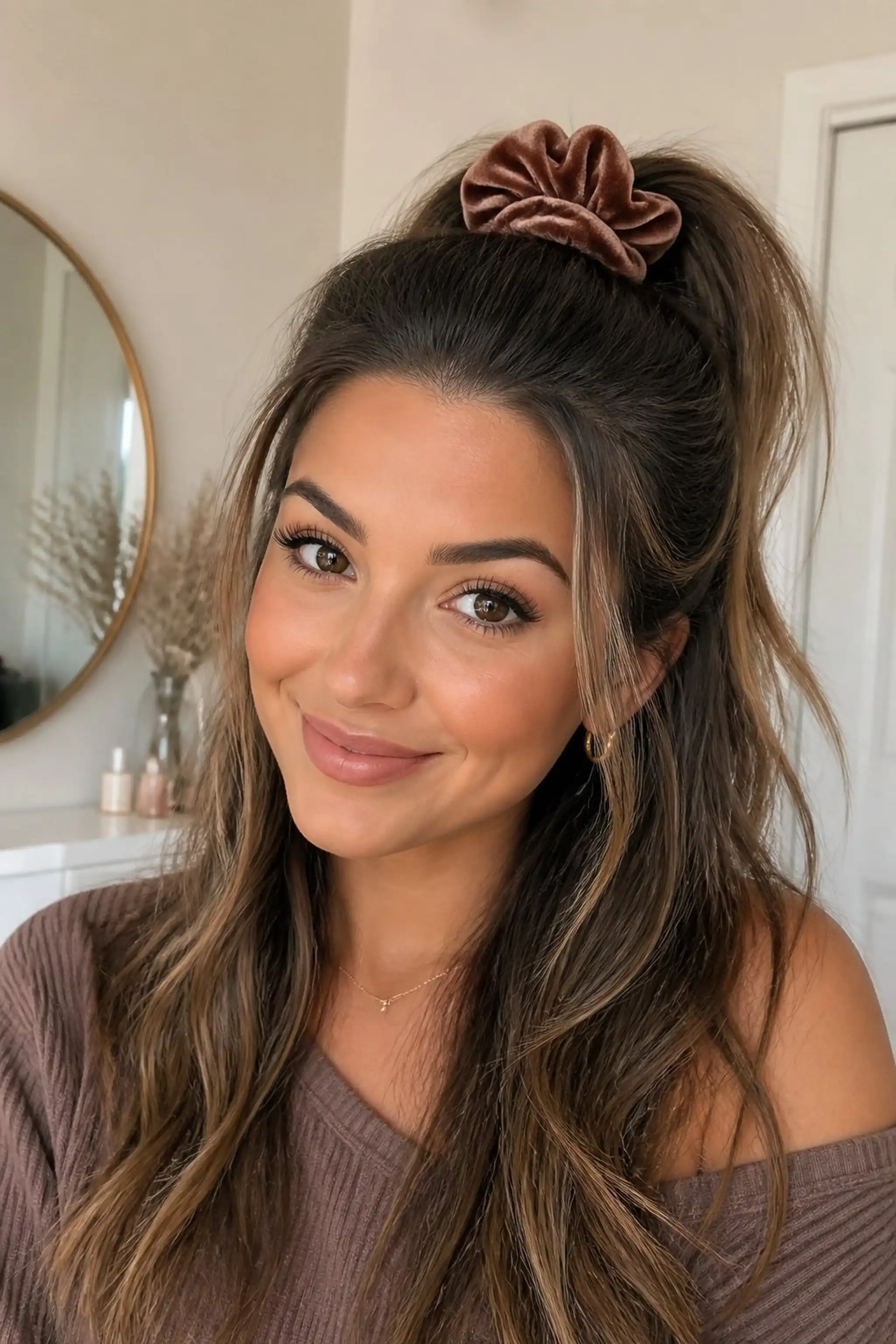 Half Ponytail with Scrunchie for Root Camouflage