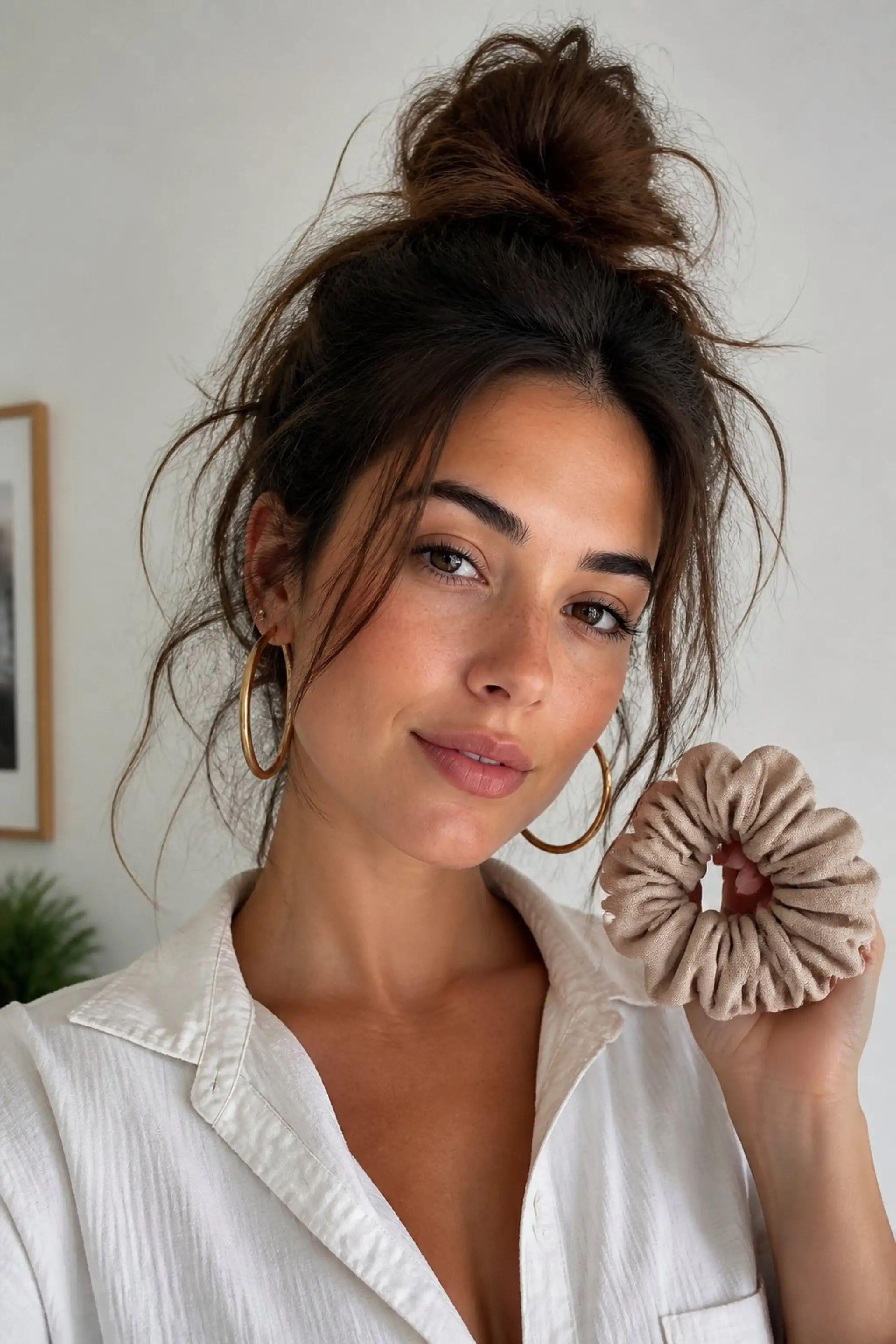 Messy Top Knot Adds Casual Flair to Earrings