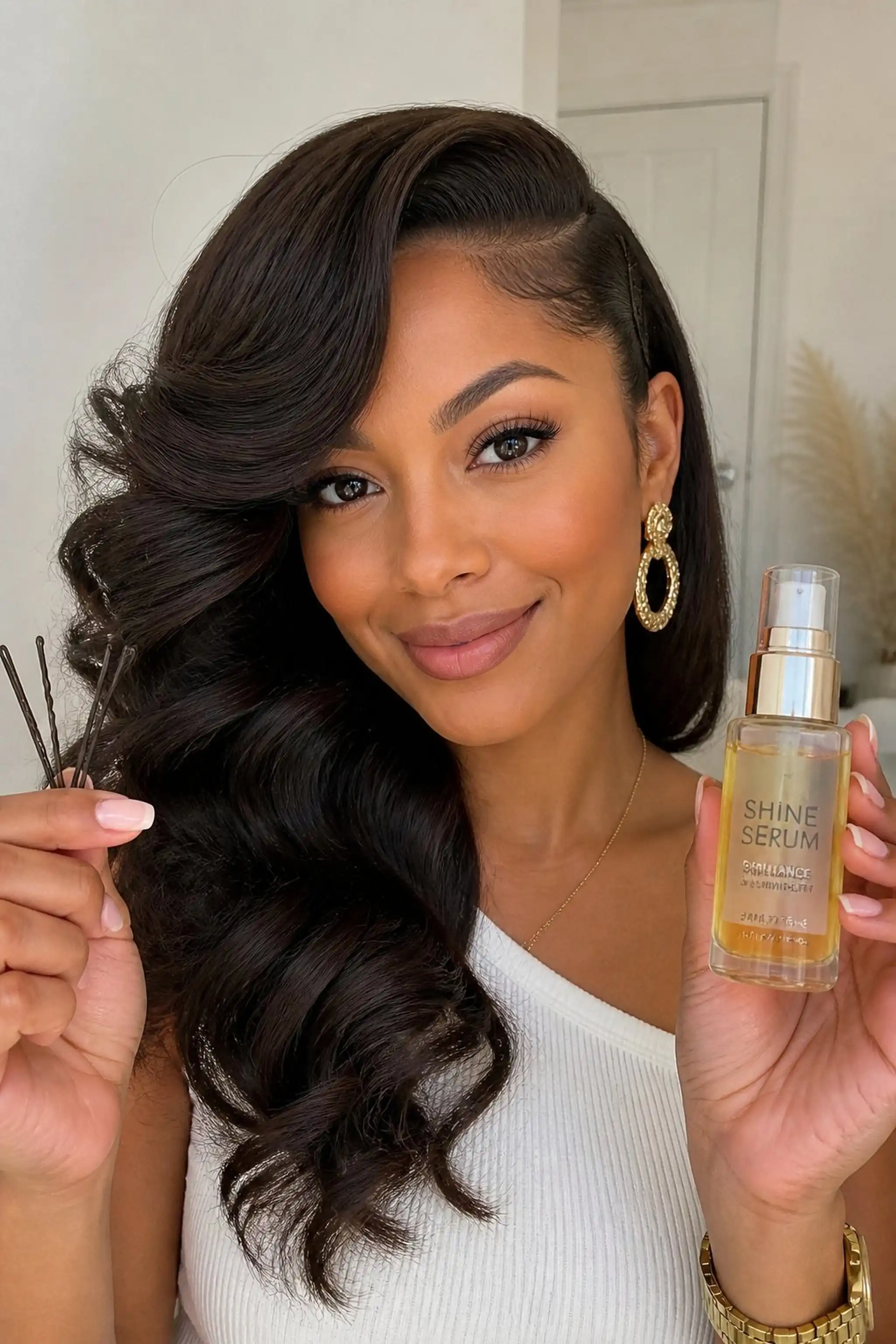 Side-Swept Curls Draw Attention to Earrings