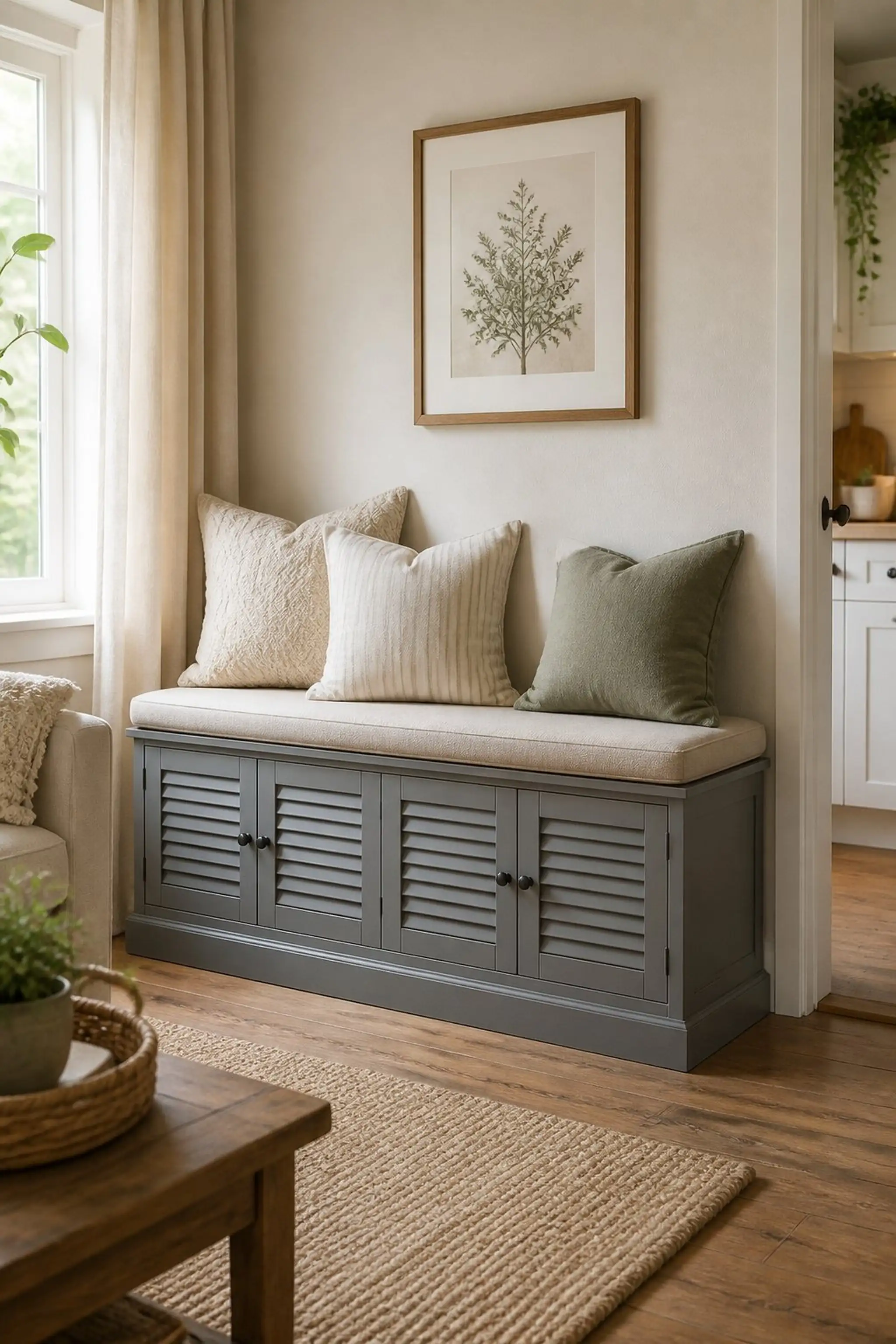 Bench with slatted doors conceals large toy storage