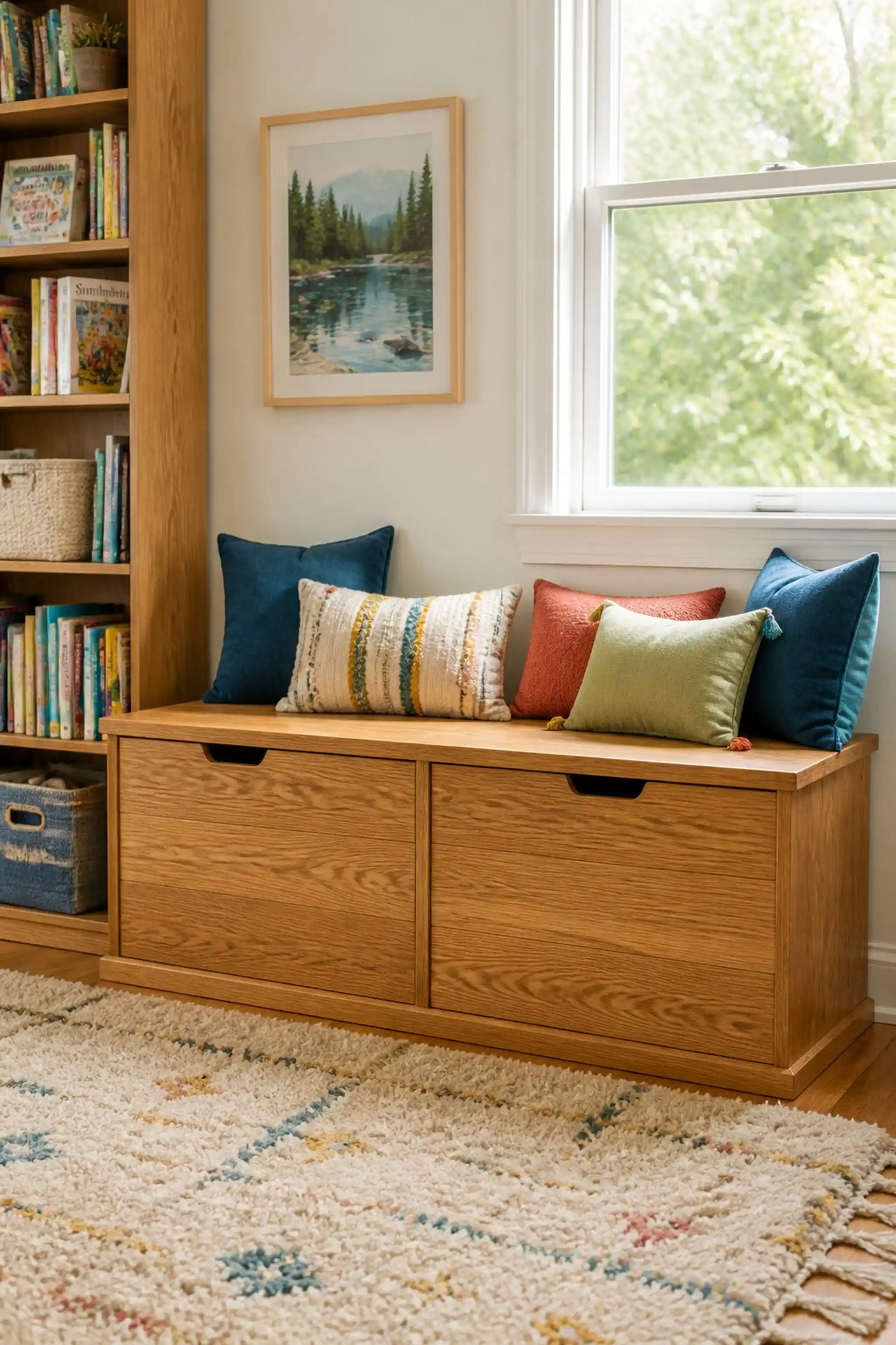 Built-in bench with hidden cubbies underneath