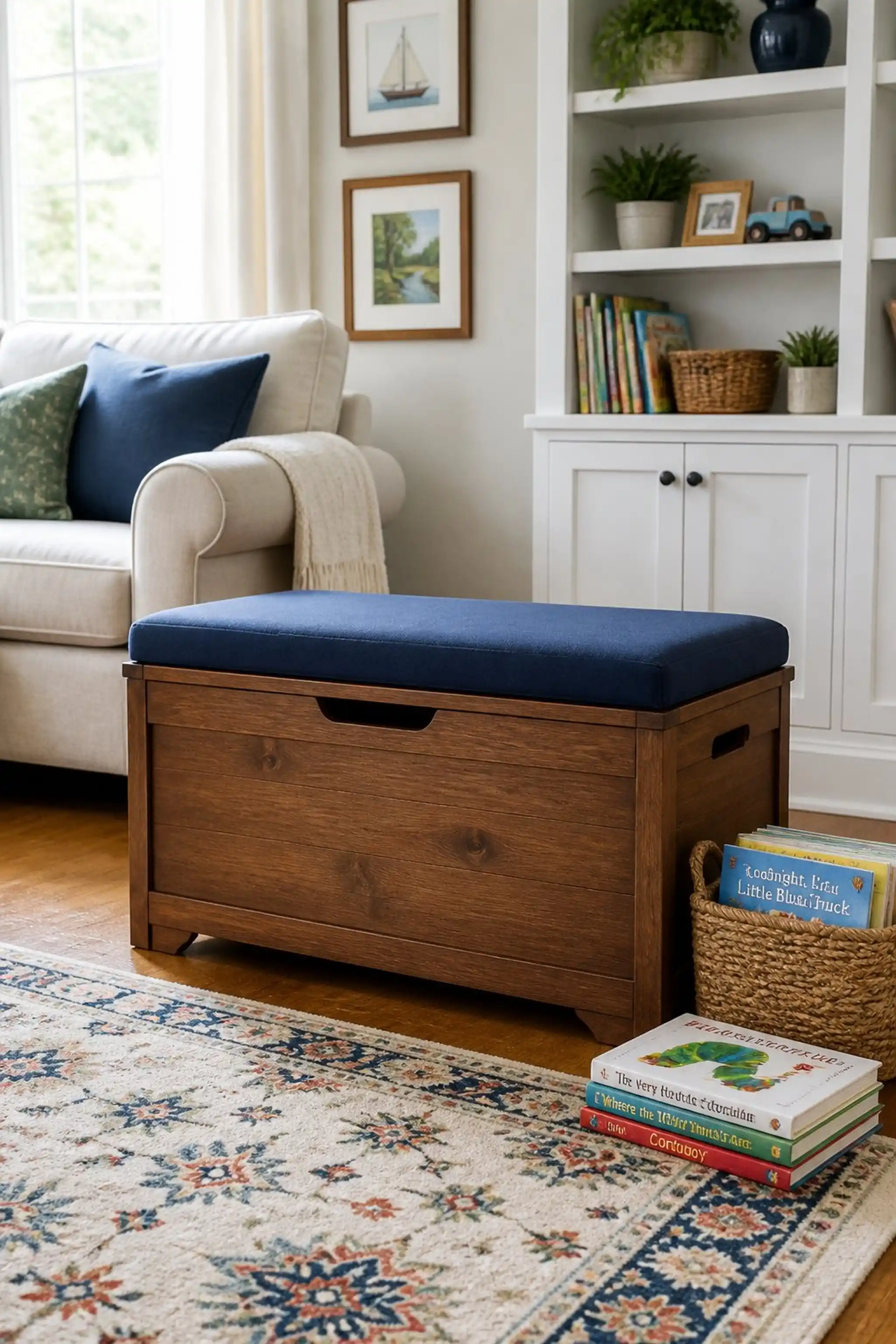 Convertible toy chest doubles as a bench