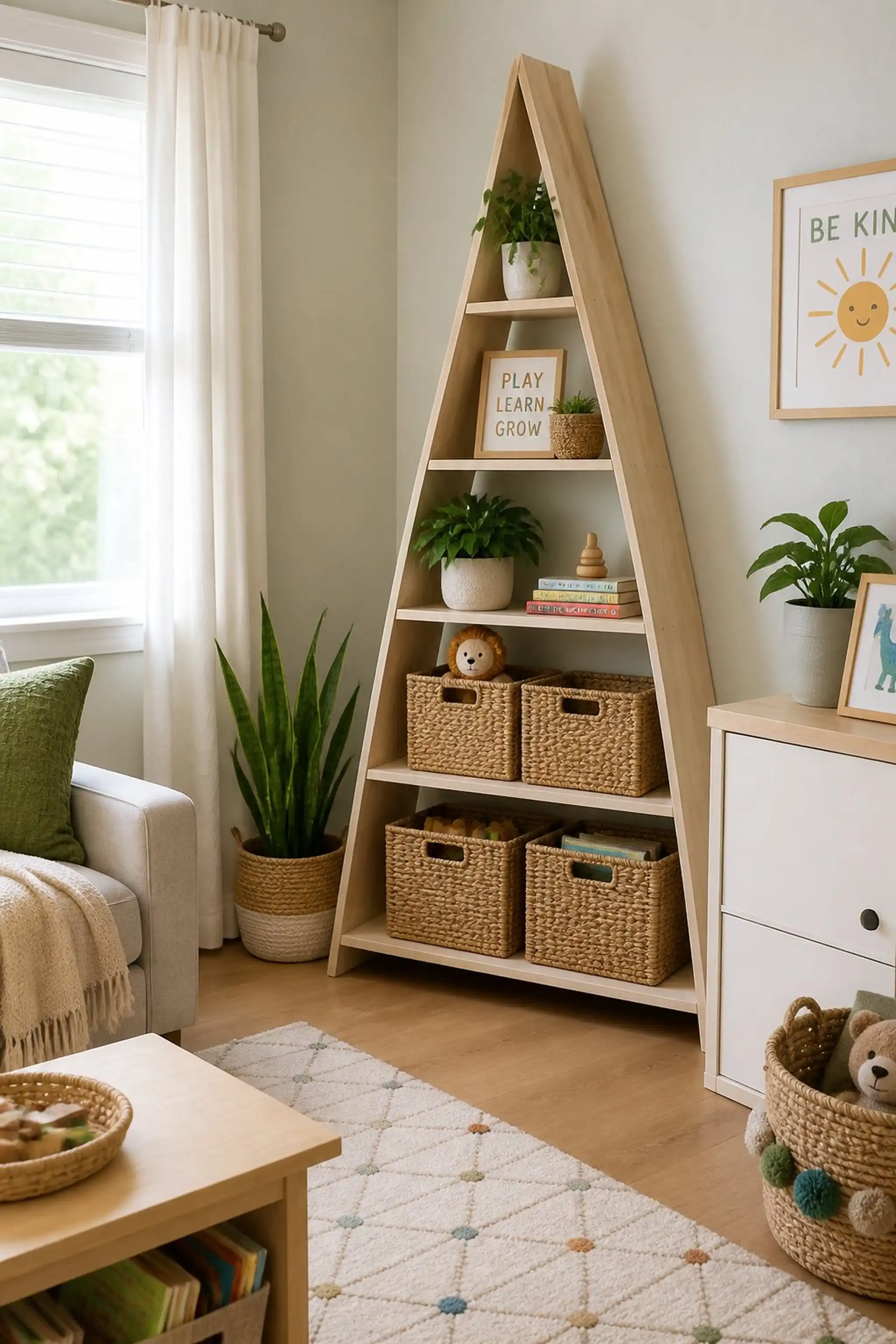 Corner shelf with baskets tames toy jumble