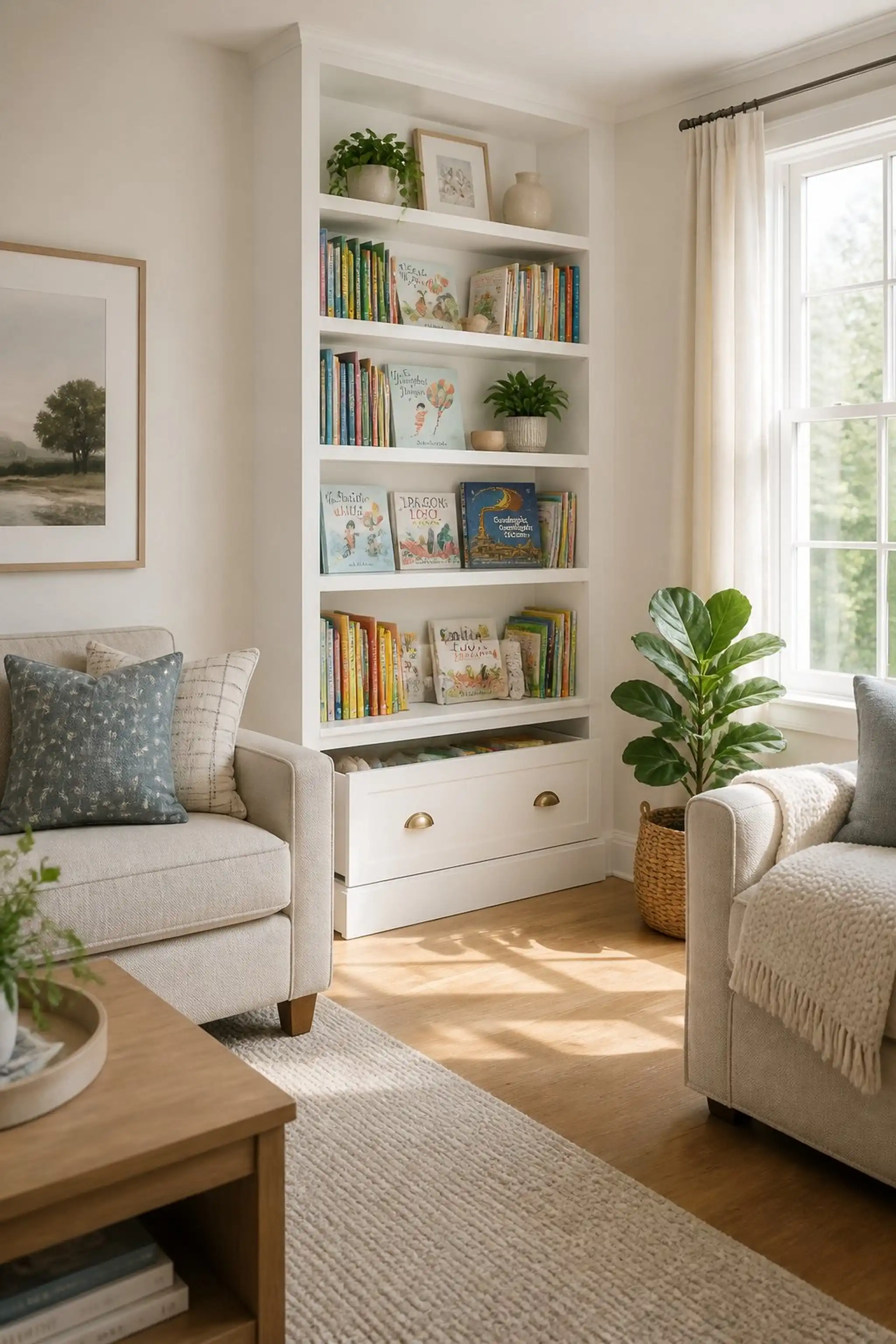 Hideaway toy box camouflages in the bookshelf