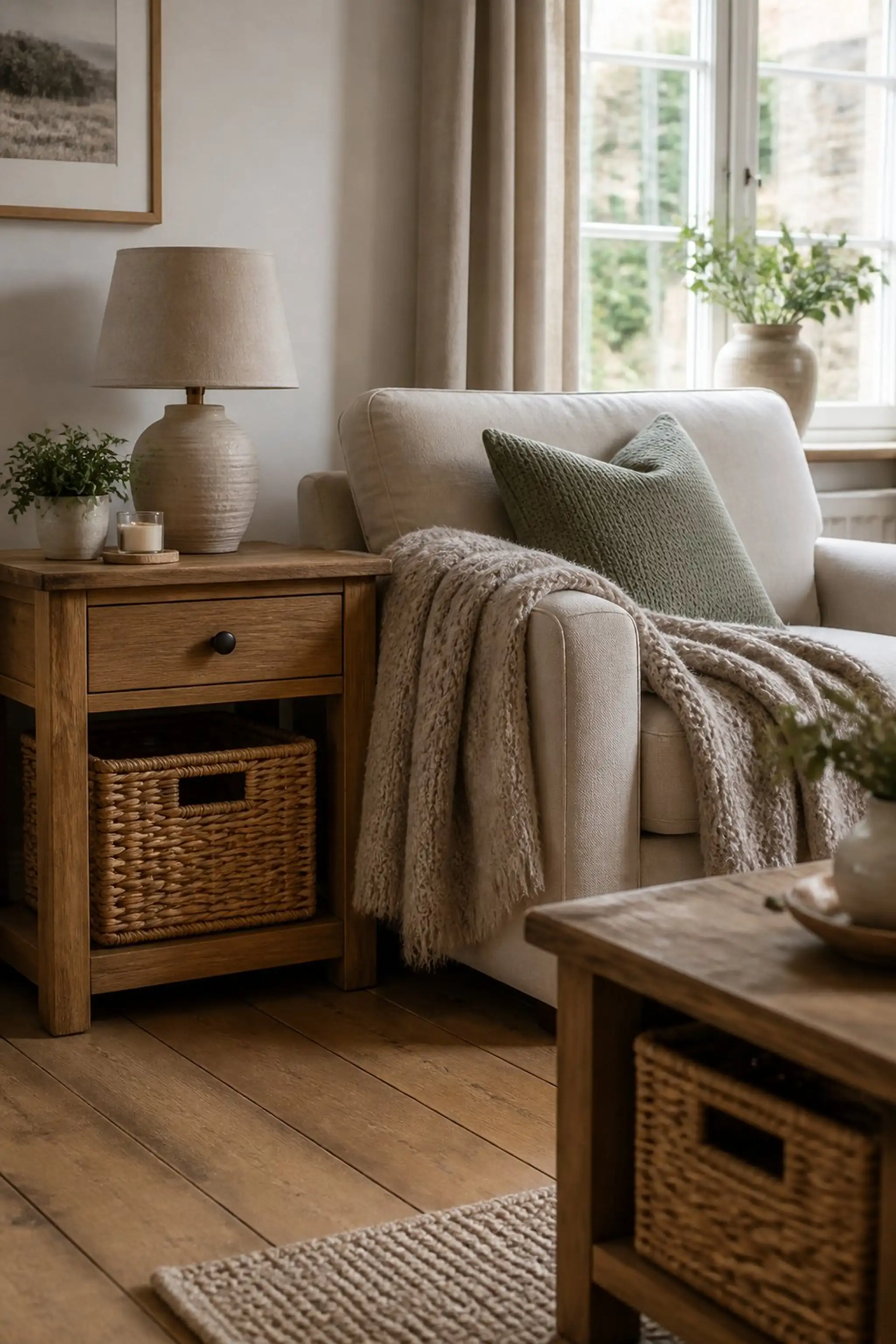 Nestled baskets under side tables hide the chaos