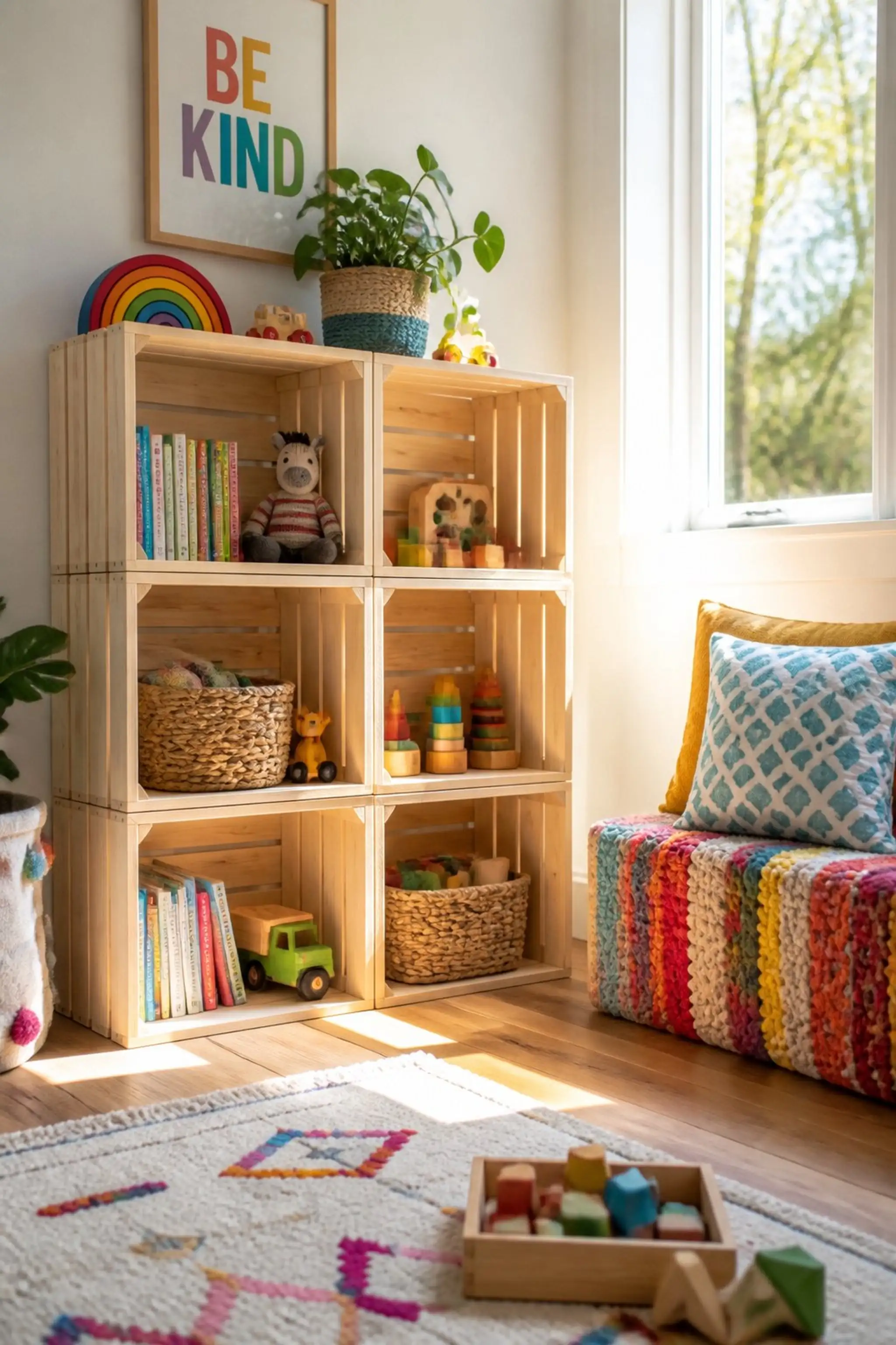 Stackable wooden crates organize and display toys