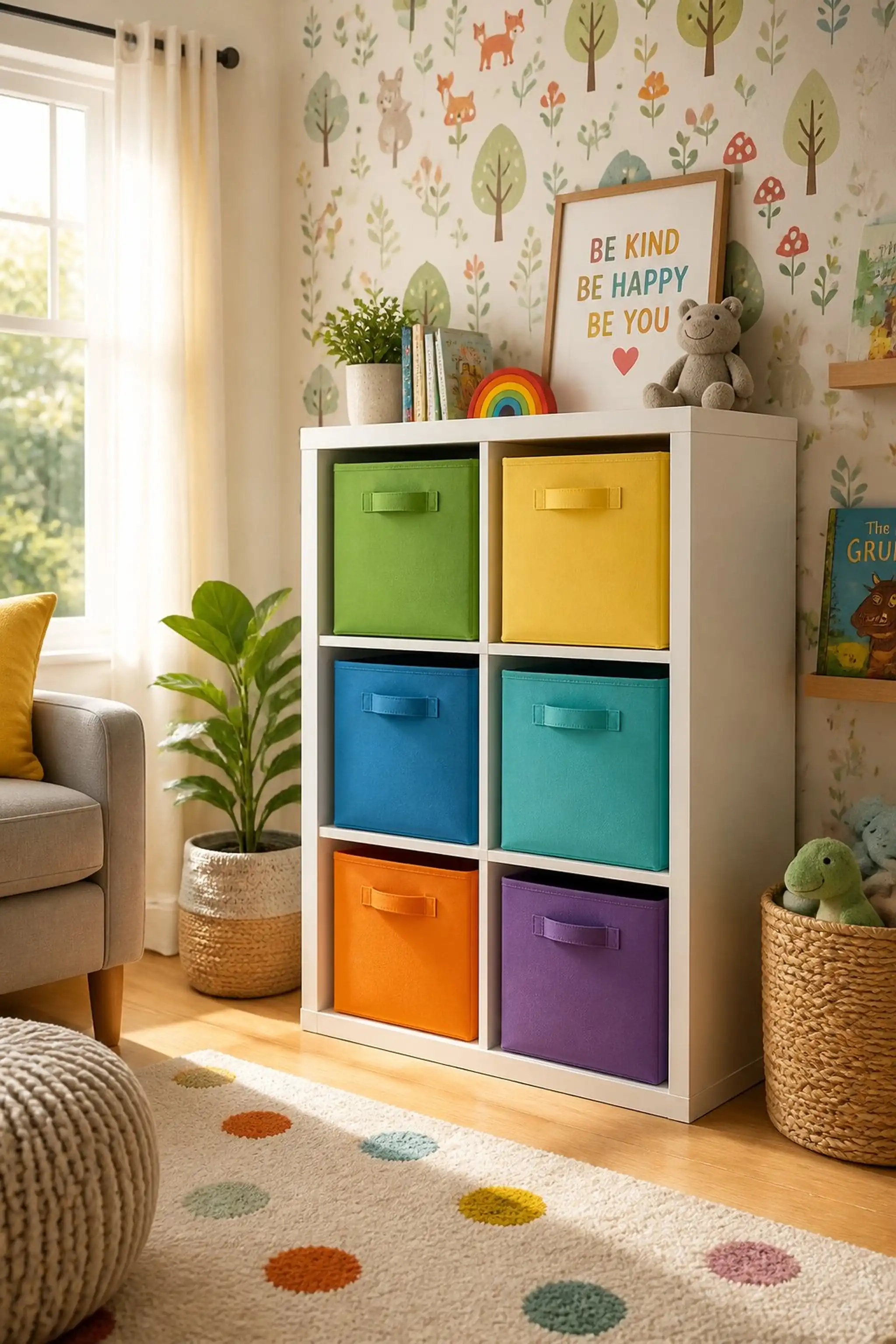 Storage cubes with fabric bins for playful pockets