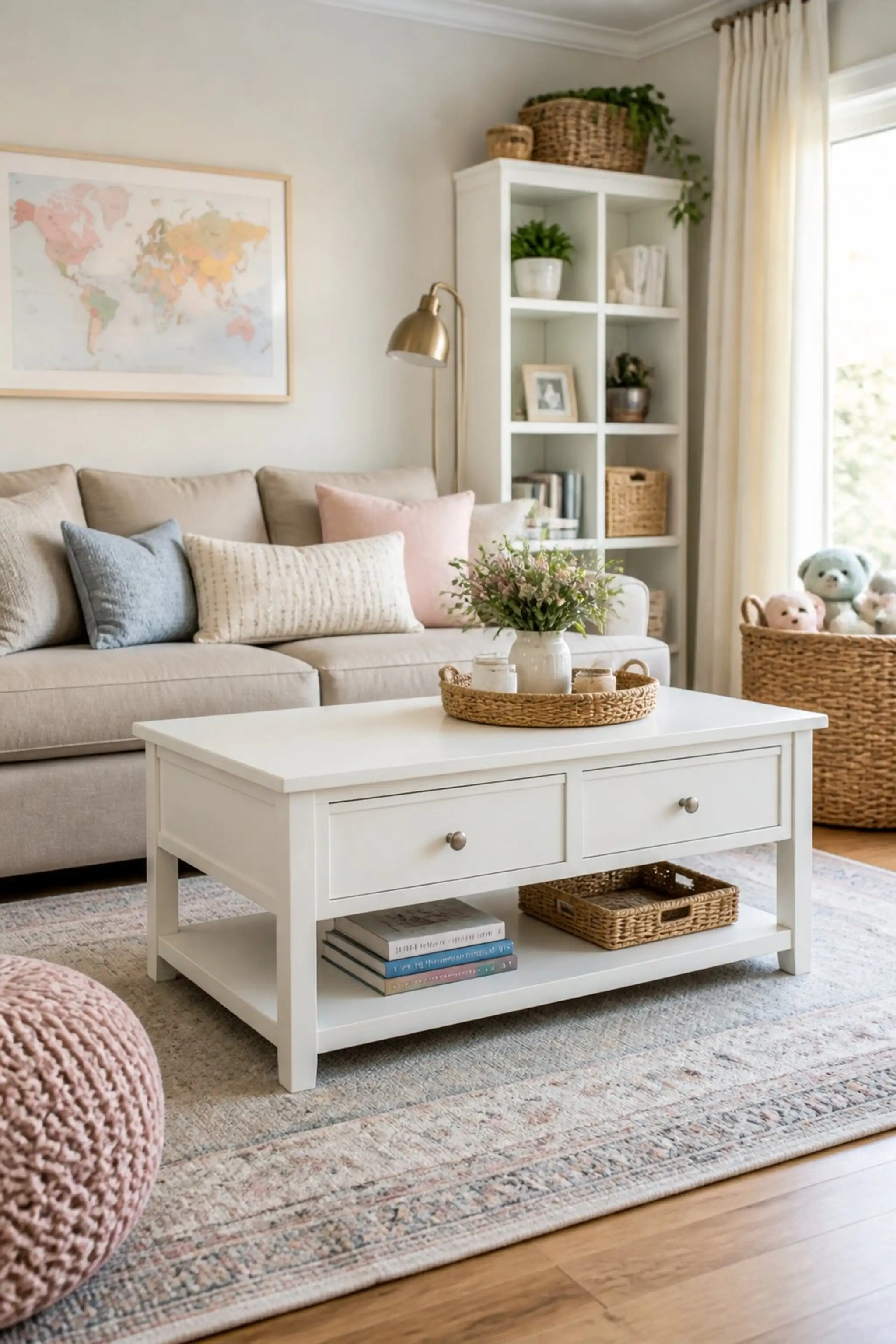 Under-coffee table drawers for quick tidying
