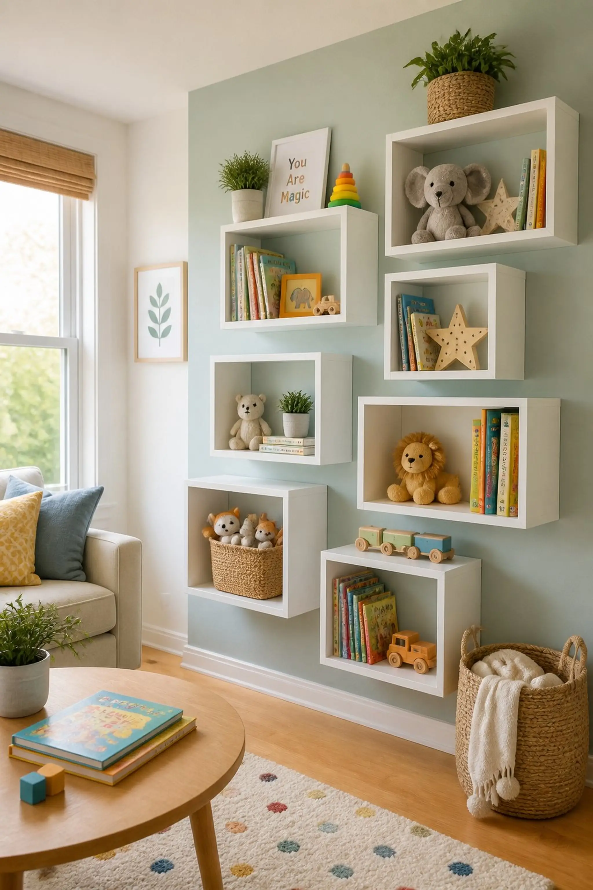 Wall-mounted cubbies keep toys dramatically off floors