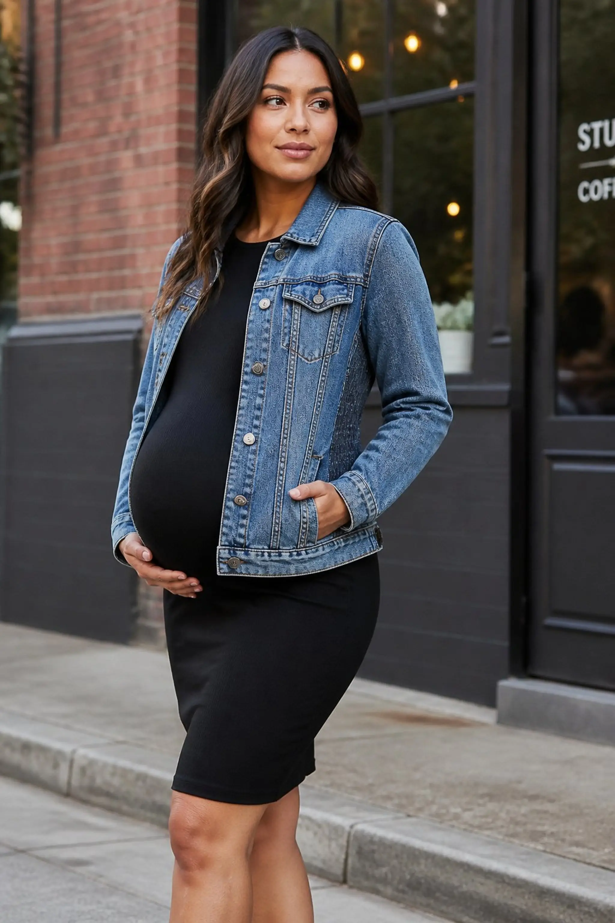Maternity denim jacket with inner elastic panel
