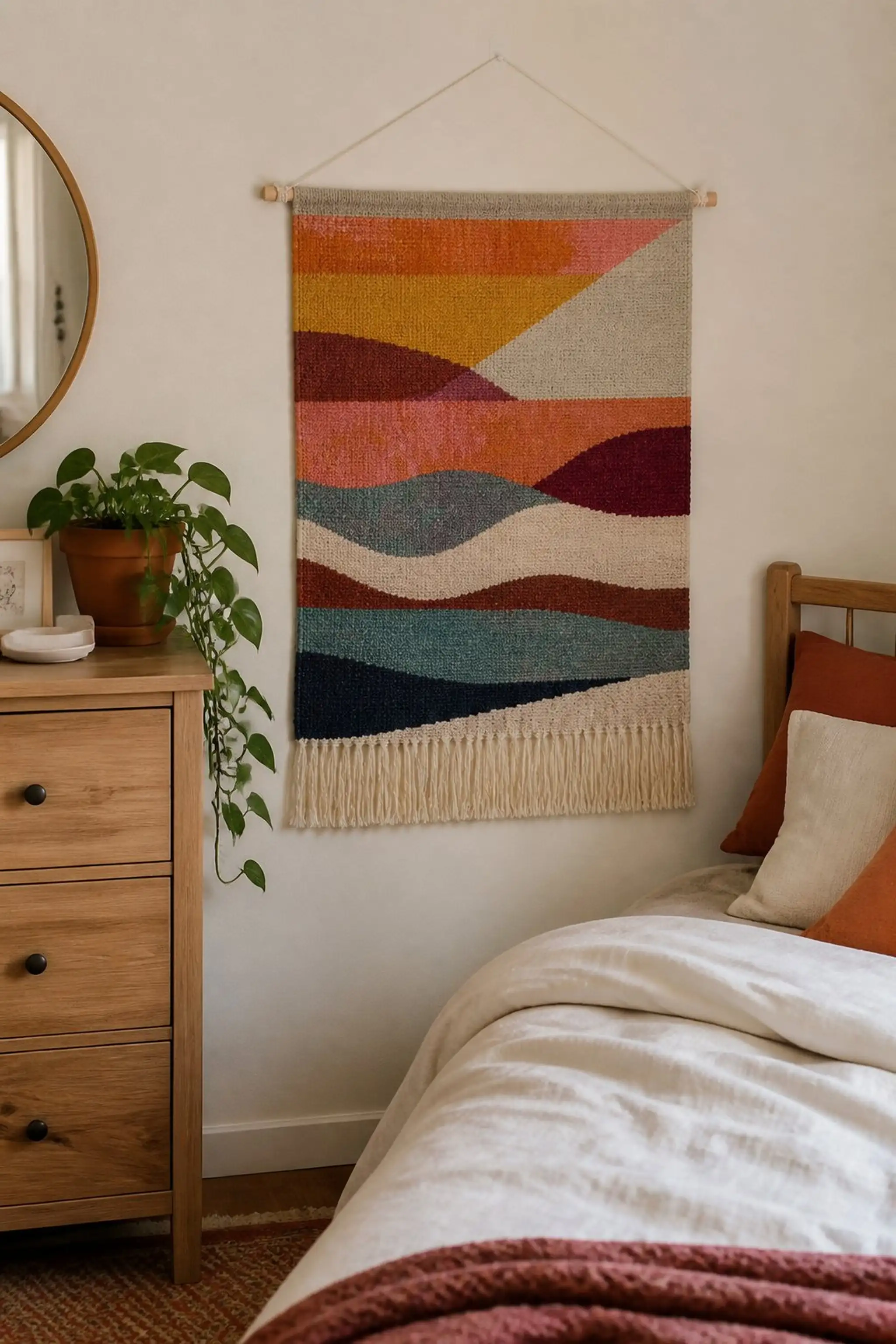 Textile wall hangings with removable adhesive strips