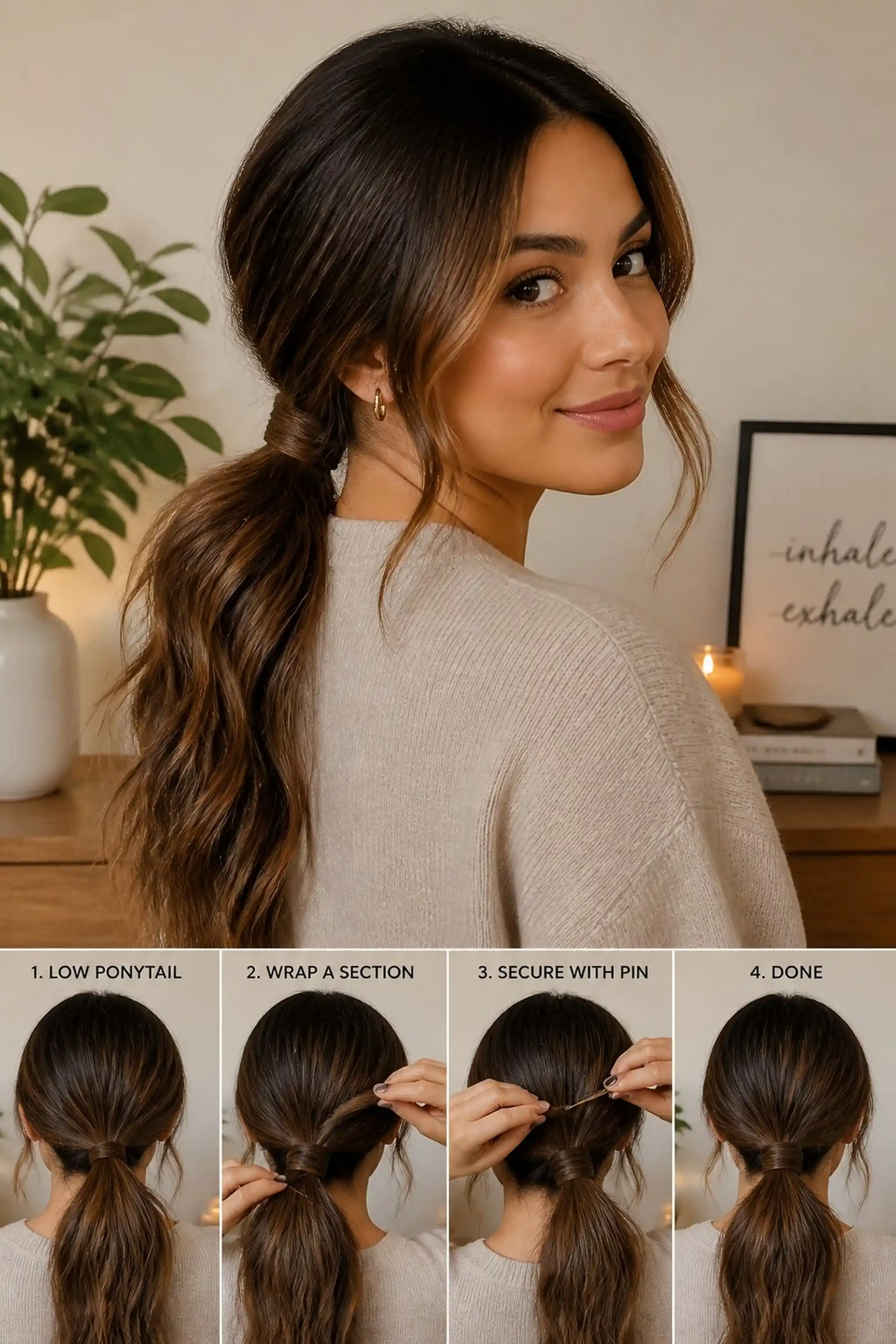 Loose Low Ponytail With Wrapped Hair Tie