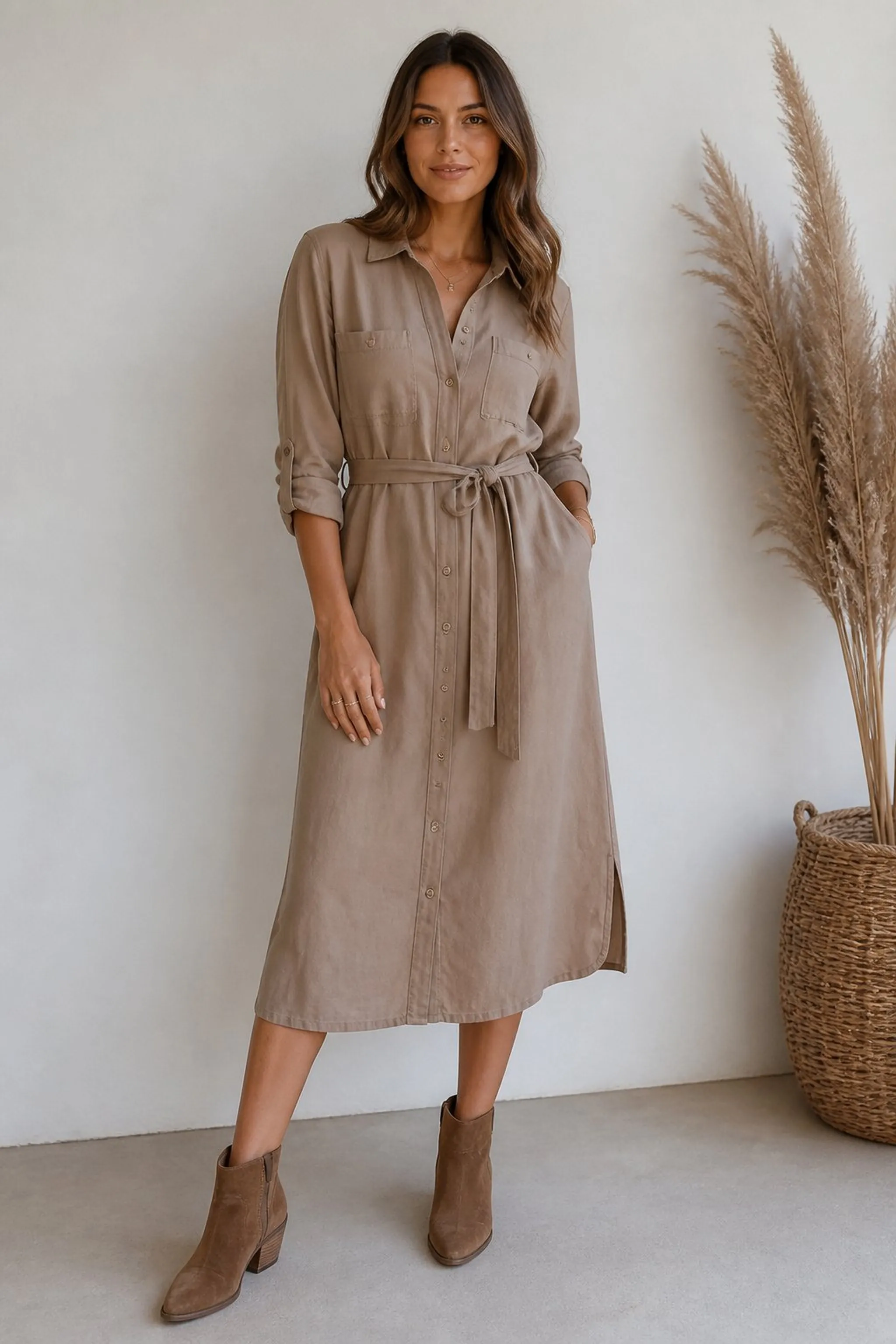 Button-up shirt dress with roll-tab sleeves