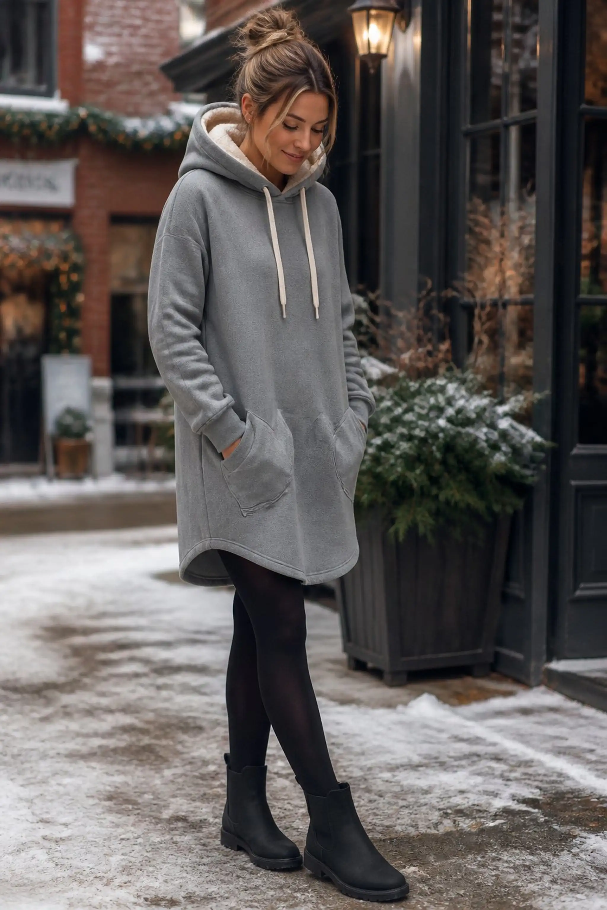 Casual hoodie dress with tights for colder days