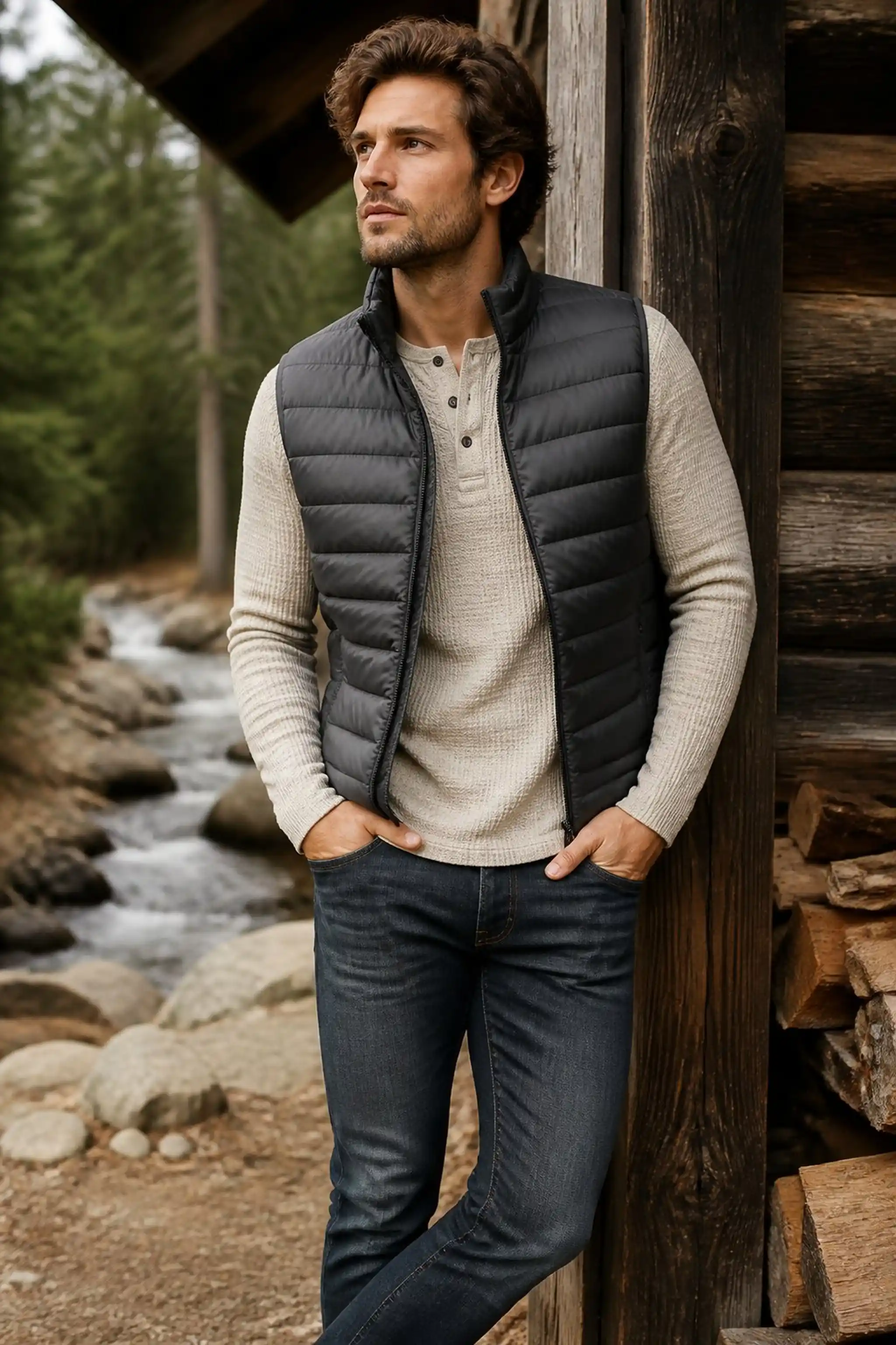 Lightweight puffer vest over thermal henley