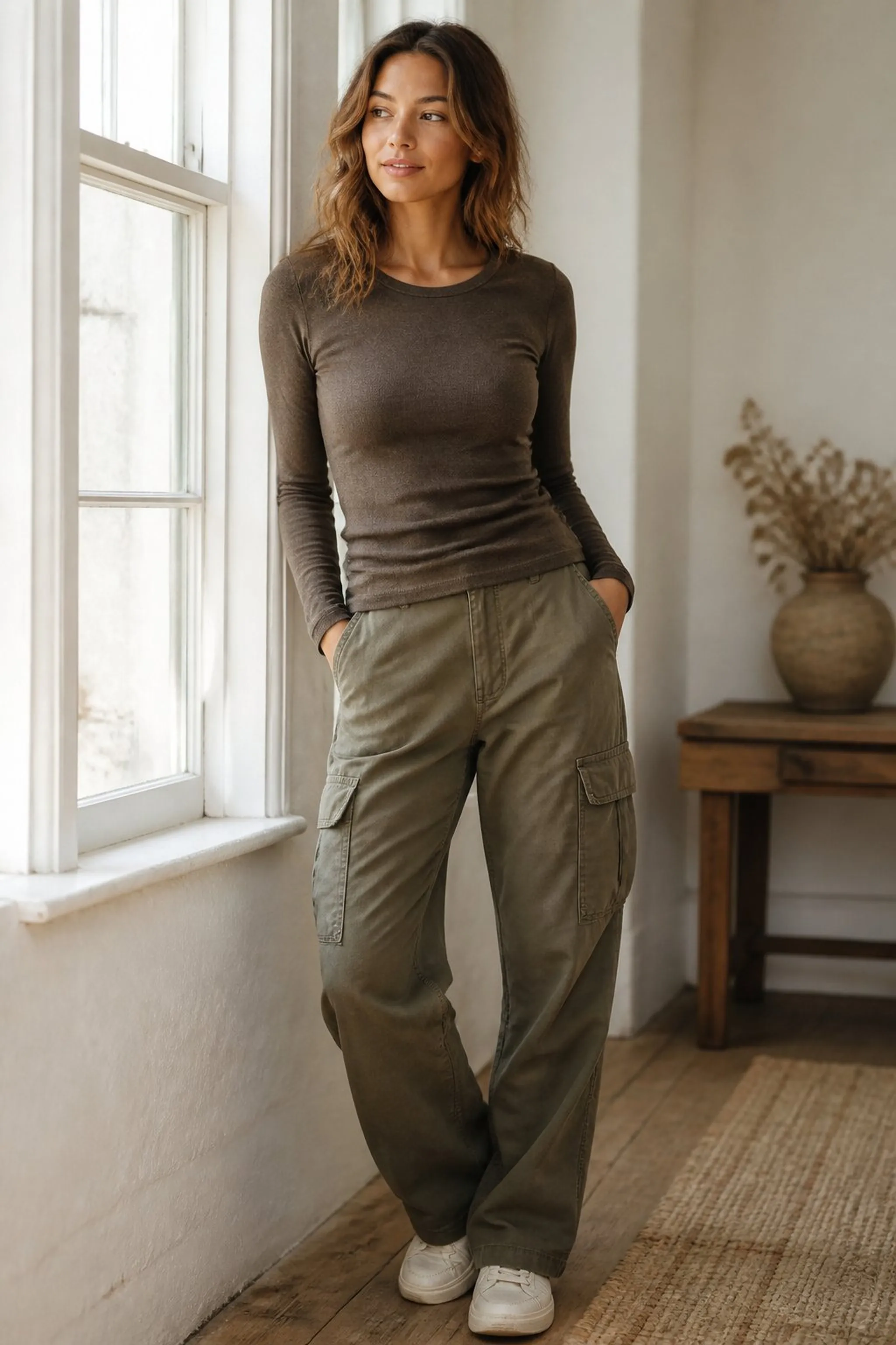 Relaxed fit cargo pants with fitted long sleeve tee