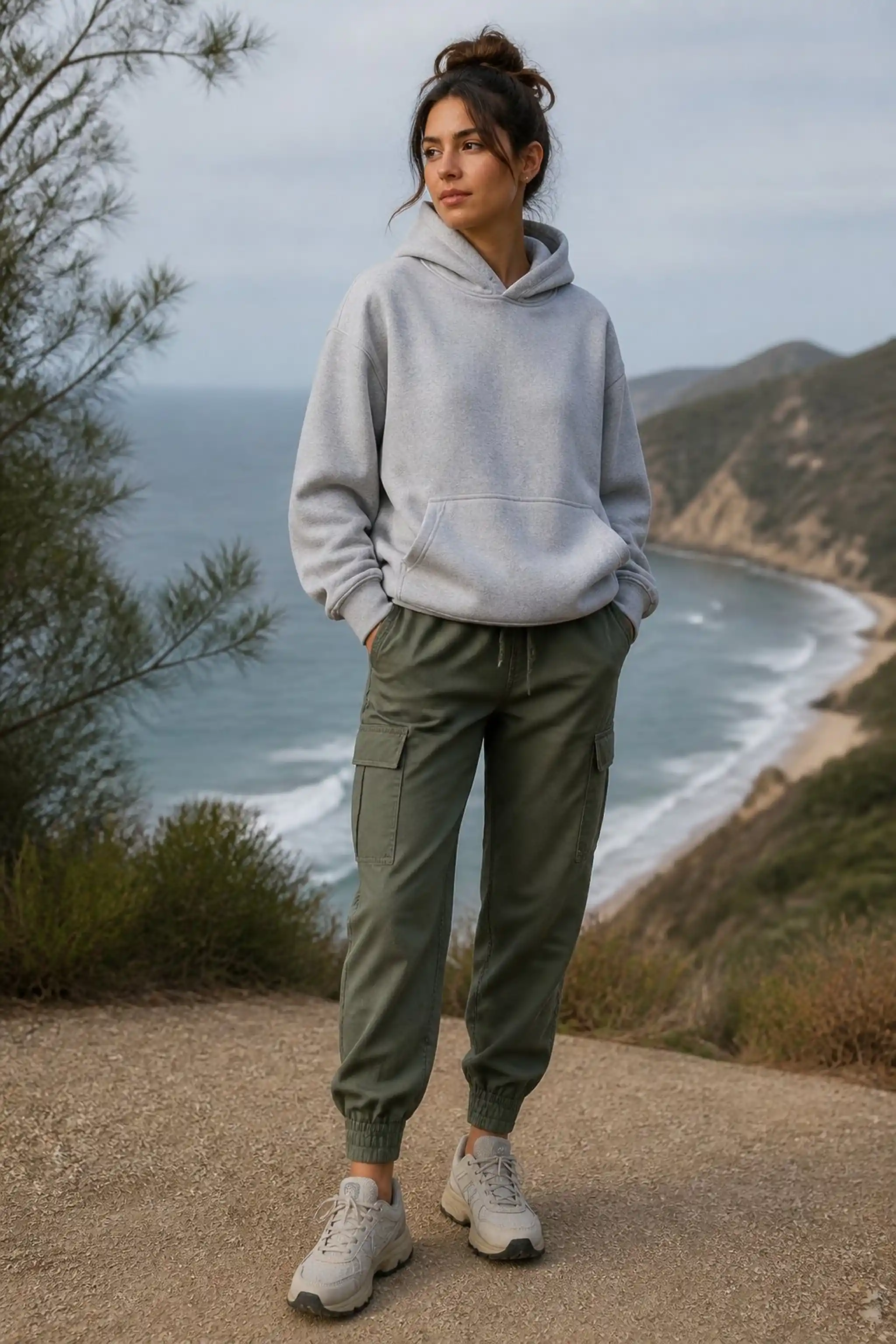 Soft hoodie paired with athletic fit cargo joggers