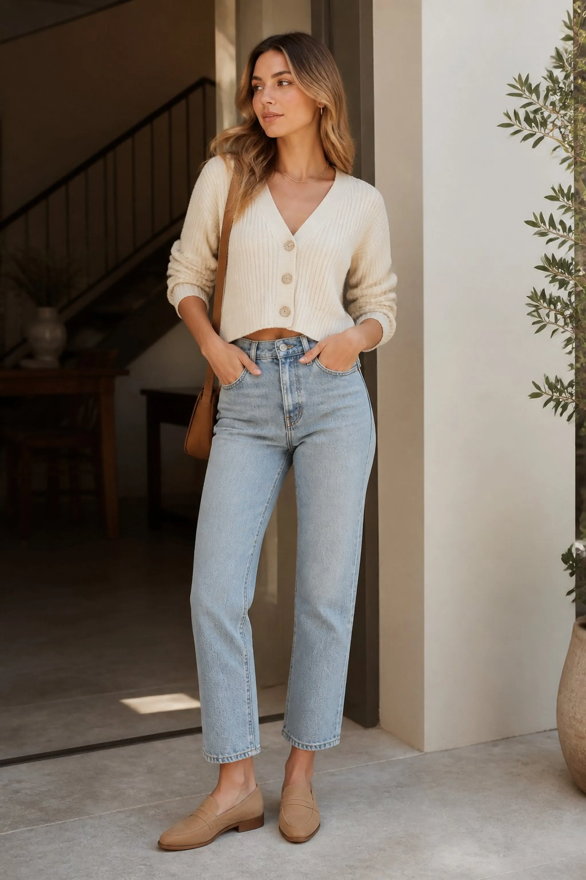 Soft knit cropped cardigan with high-rise jeans