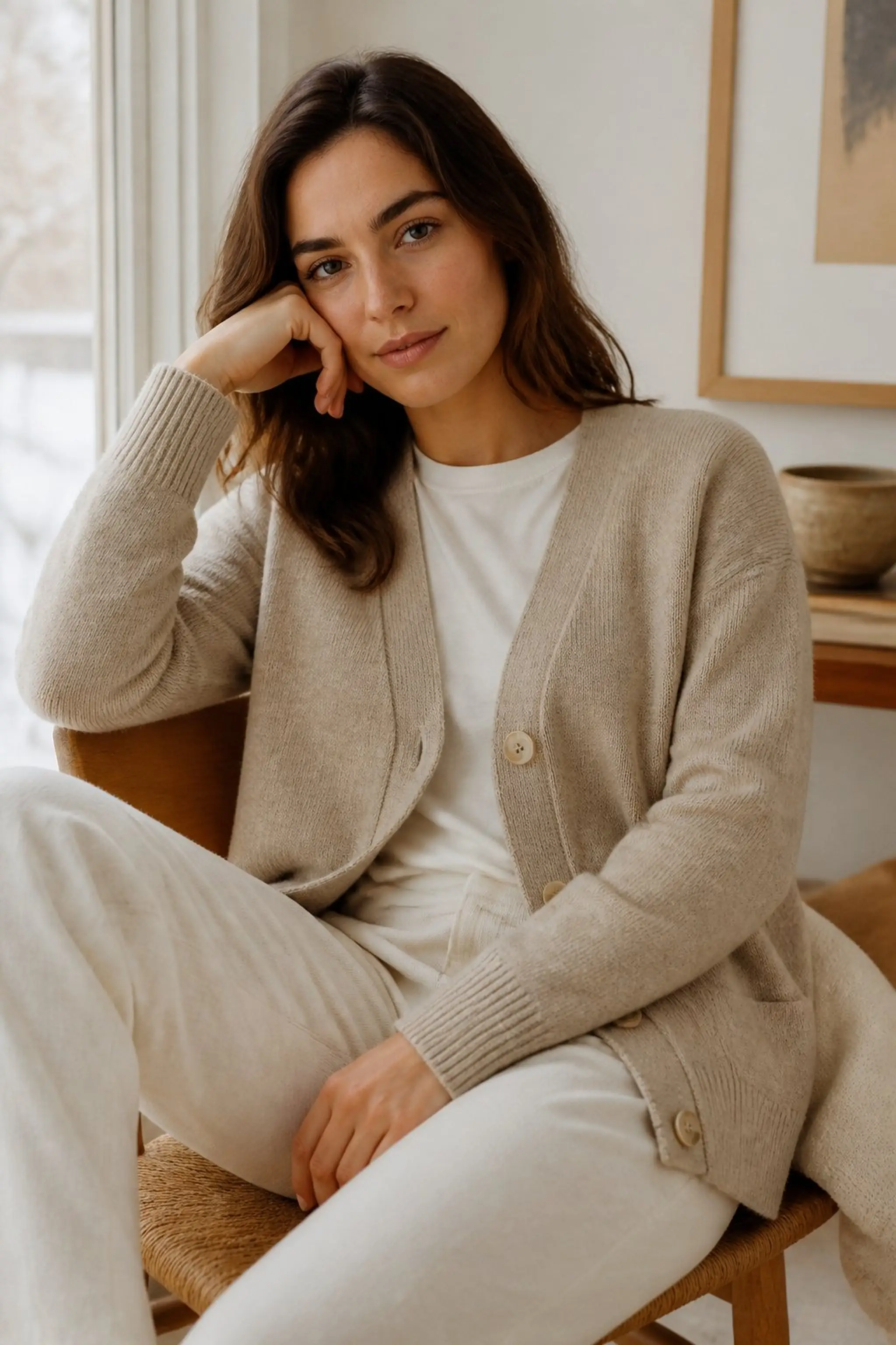 Cashmere blend cardigan layered over cotton tees