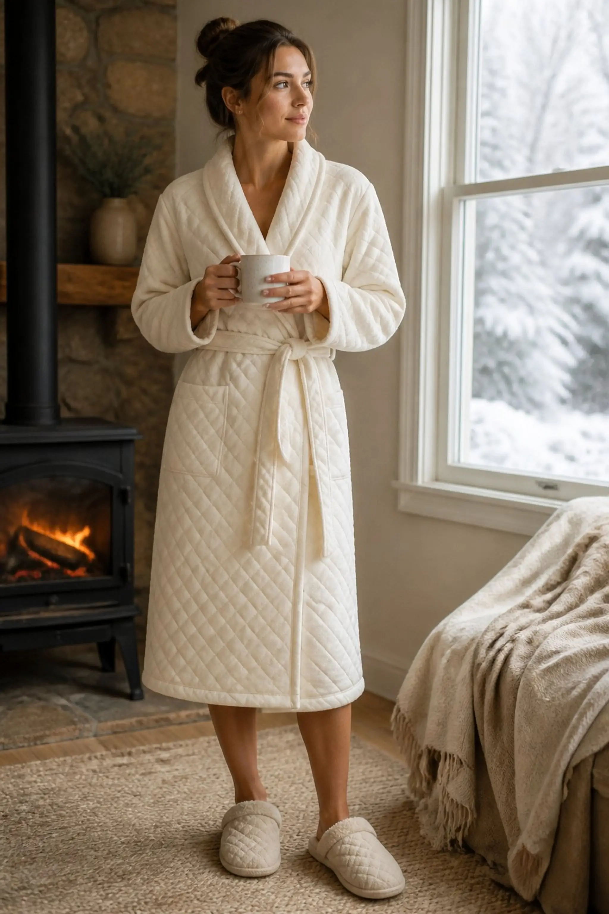 Quilted robe with a binder tie for snug warmth