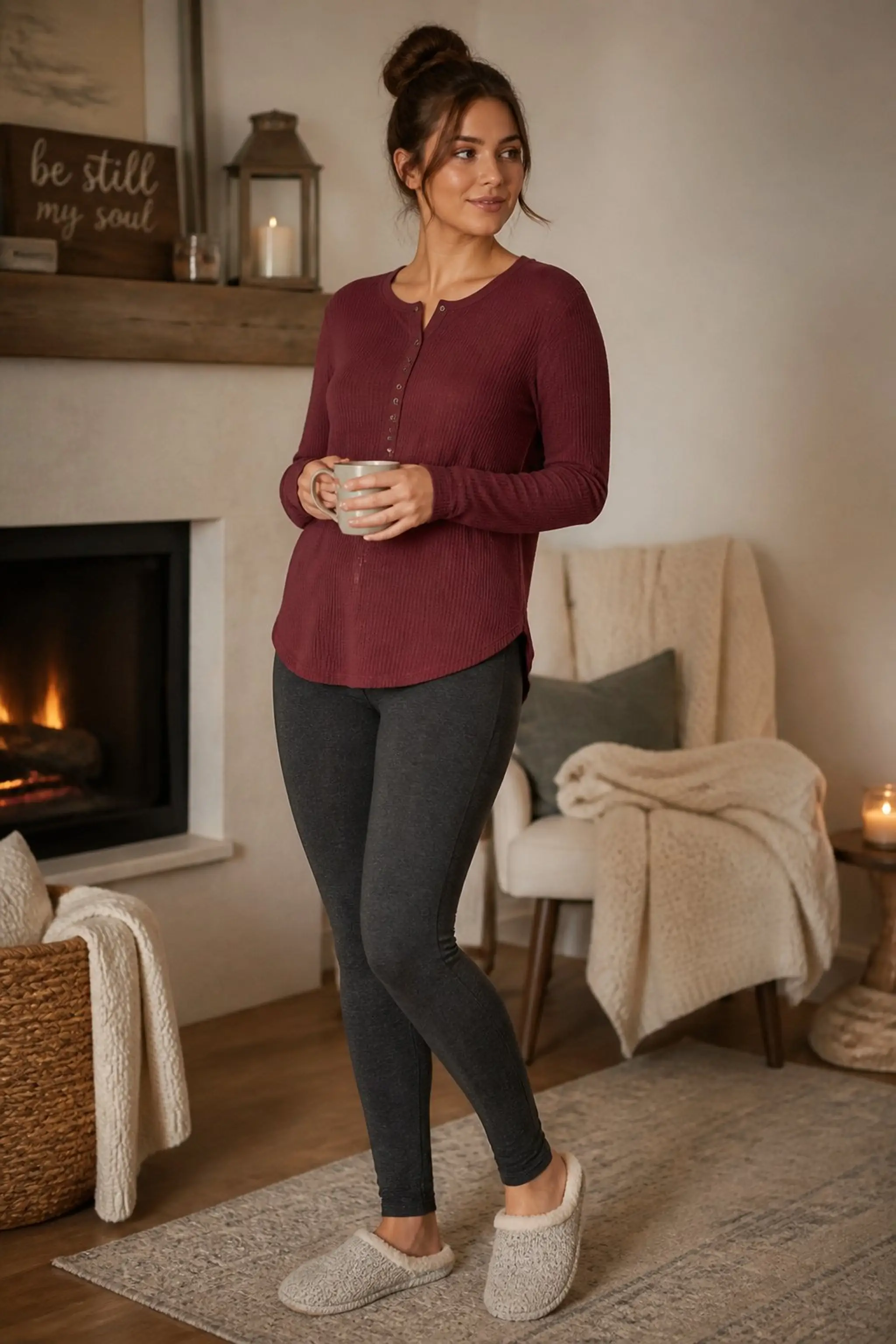 Thermal henley shirt paired with brushed leggings