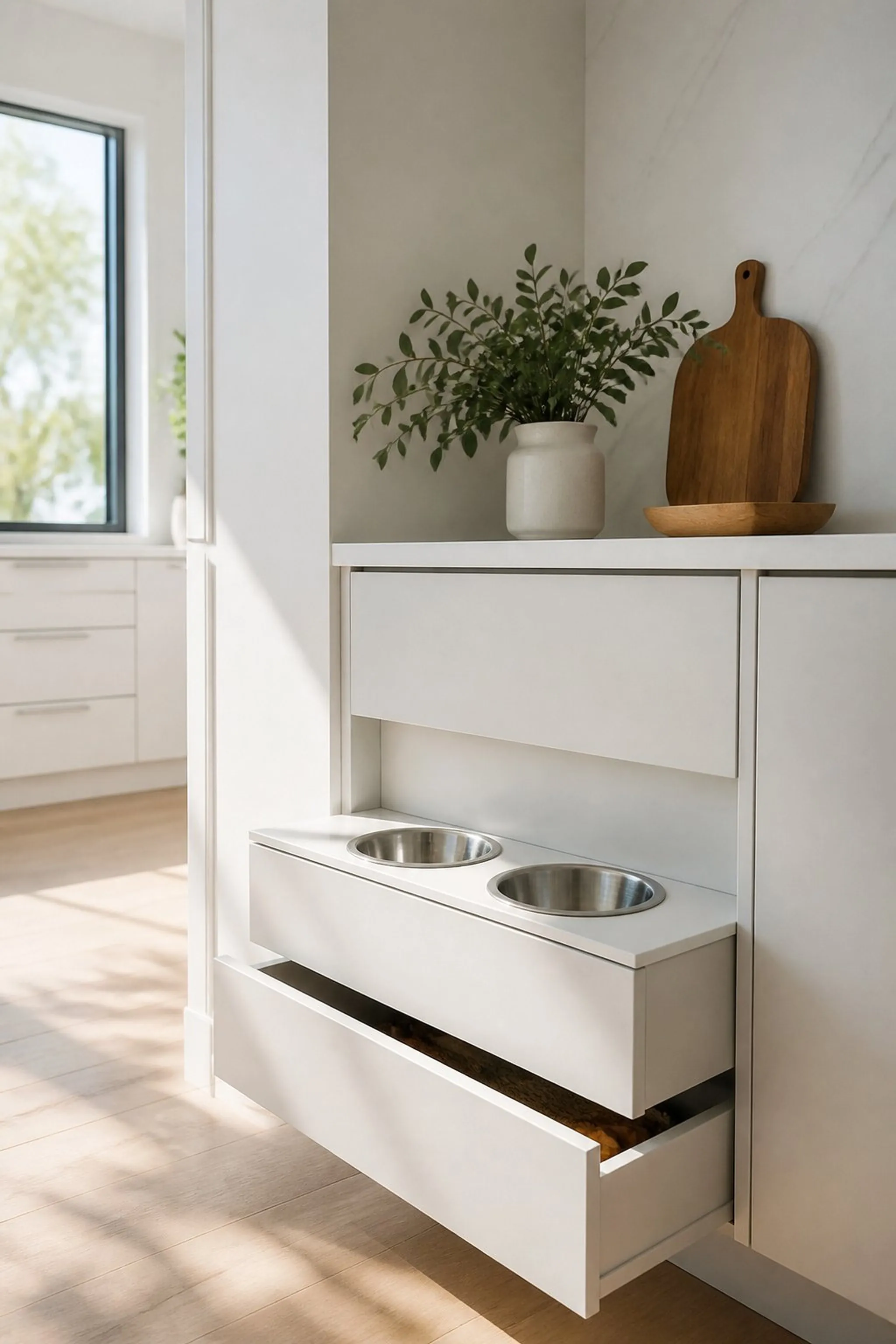 Built-in pet feeding station with hidden storage