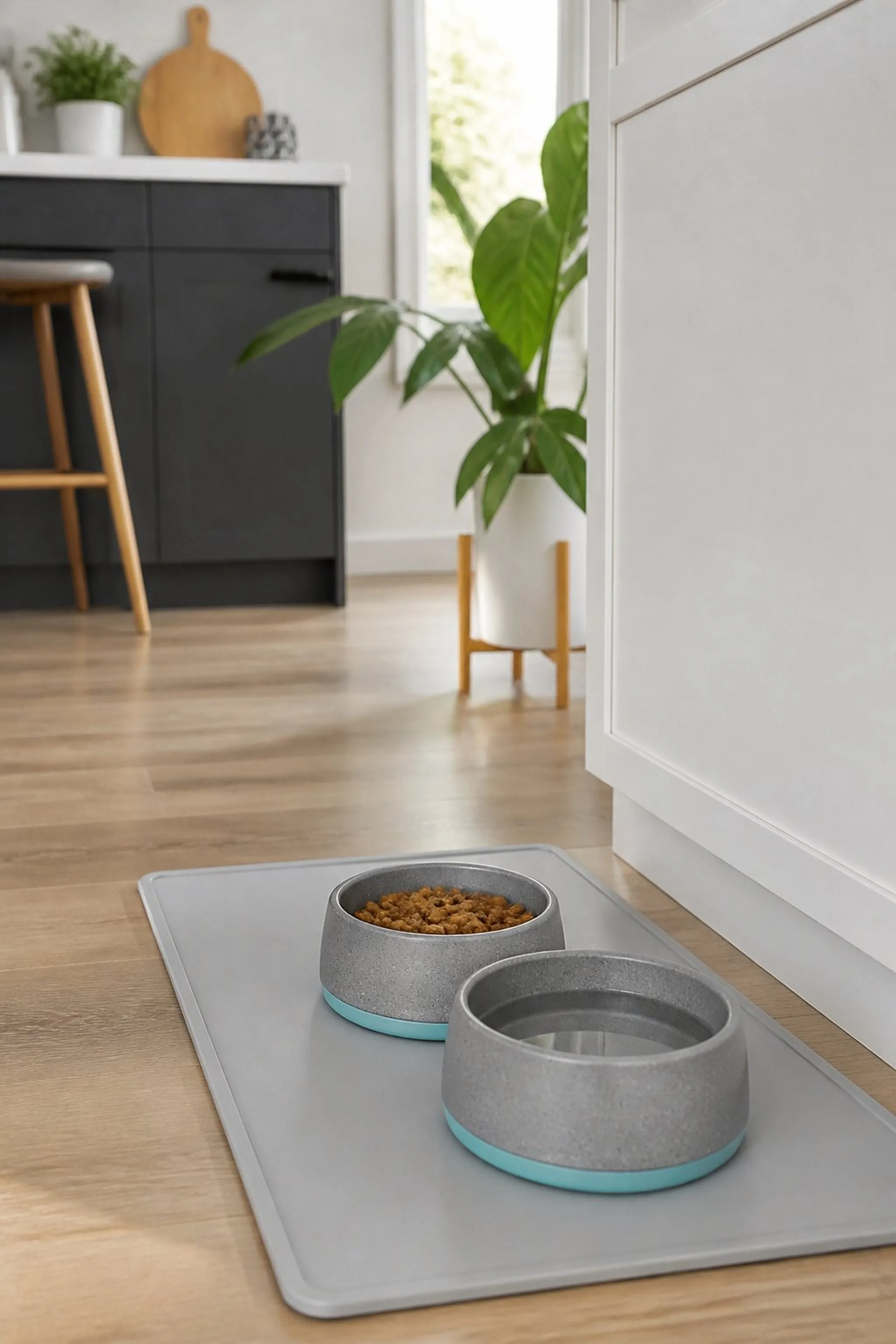 Concrete-look ceramic bowls with silicone bases