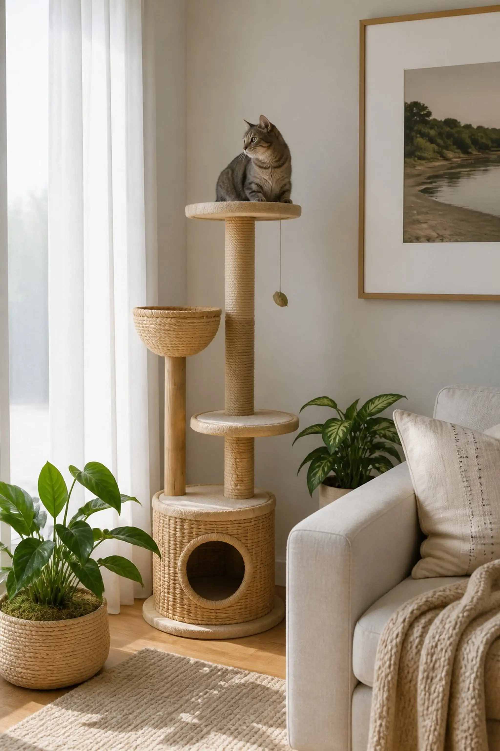 Elevated cat tree blending wood and sisal rope