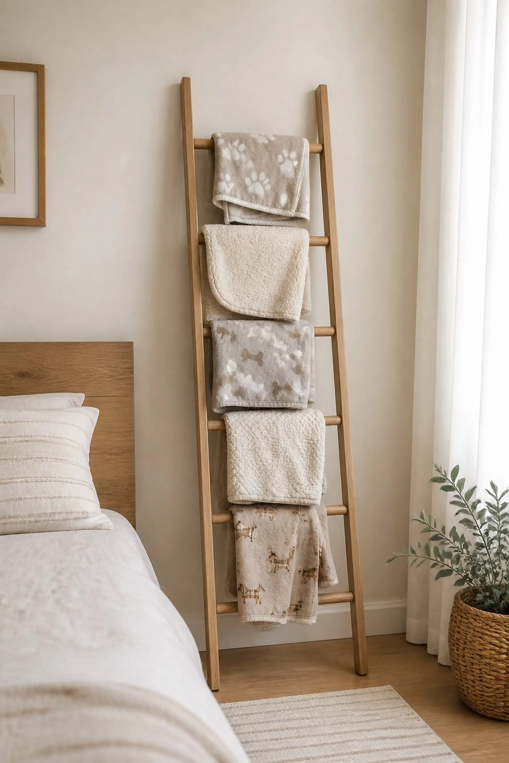 Ladder-style pet blanket rack crafted from oak