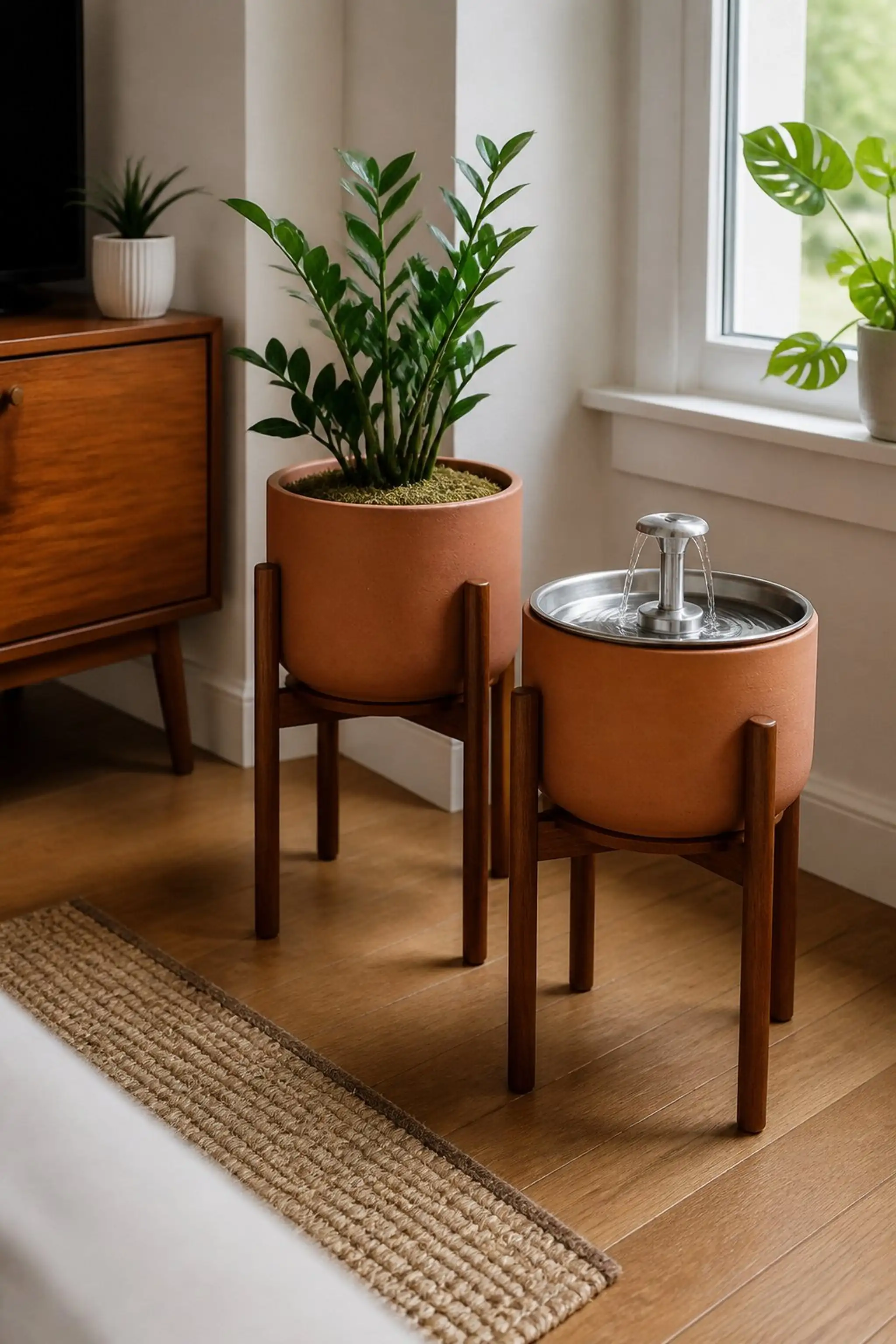 Mid-century modern planter stands doubling as pet fountains
