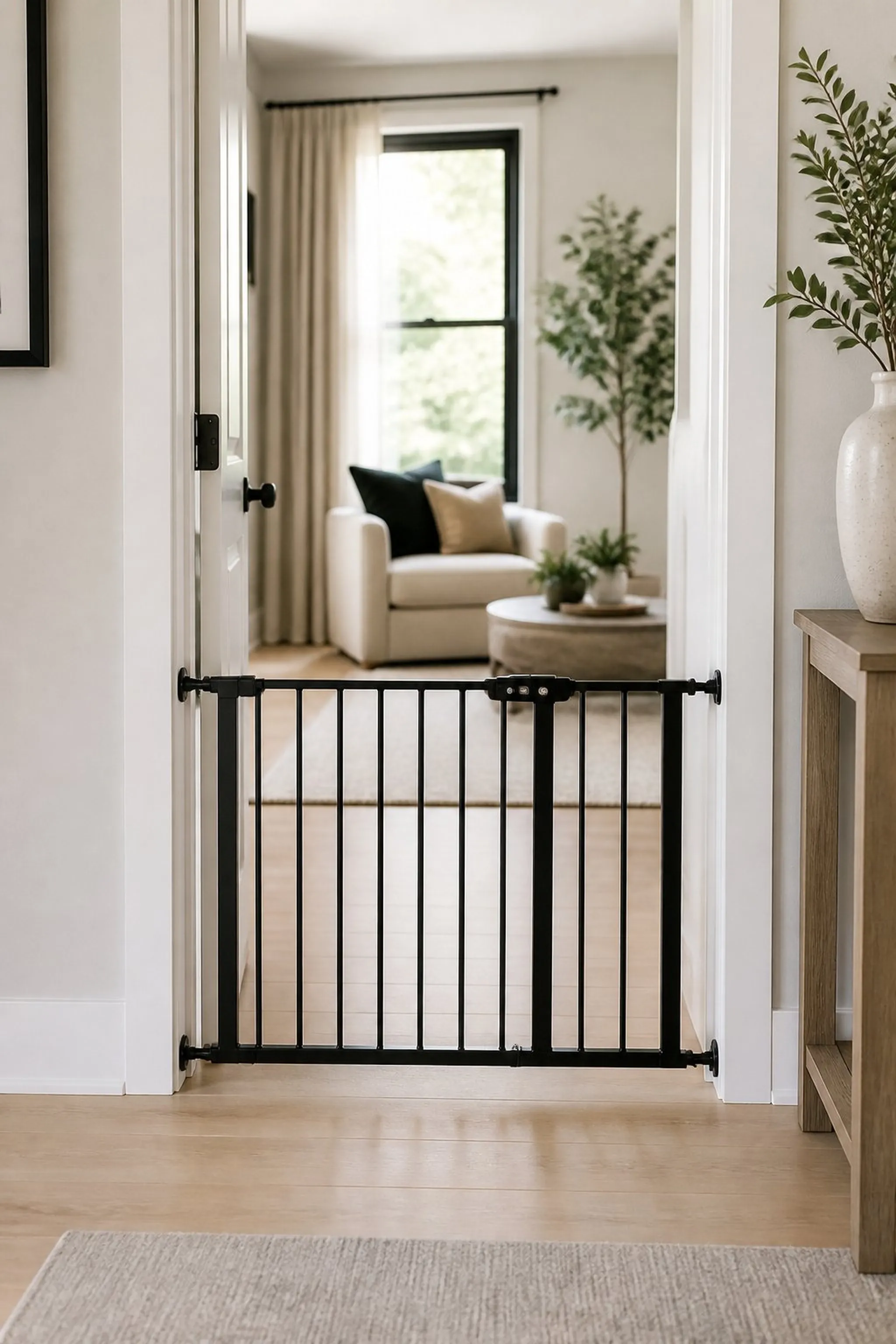 Minimalist pet gate with pressure-mounted design