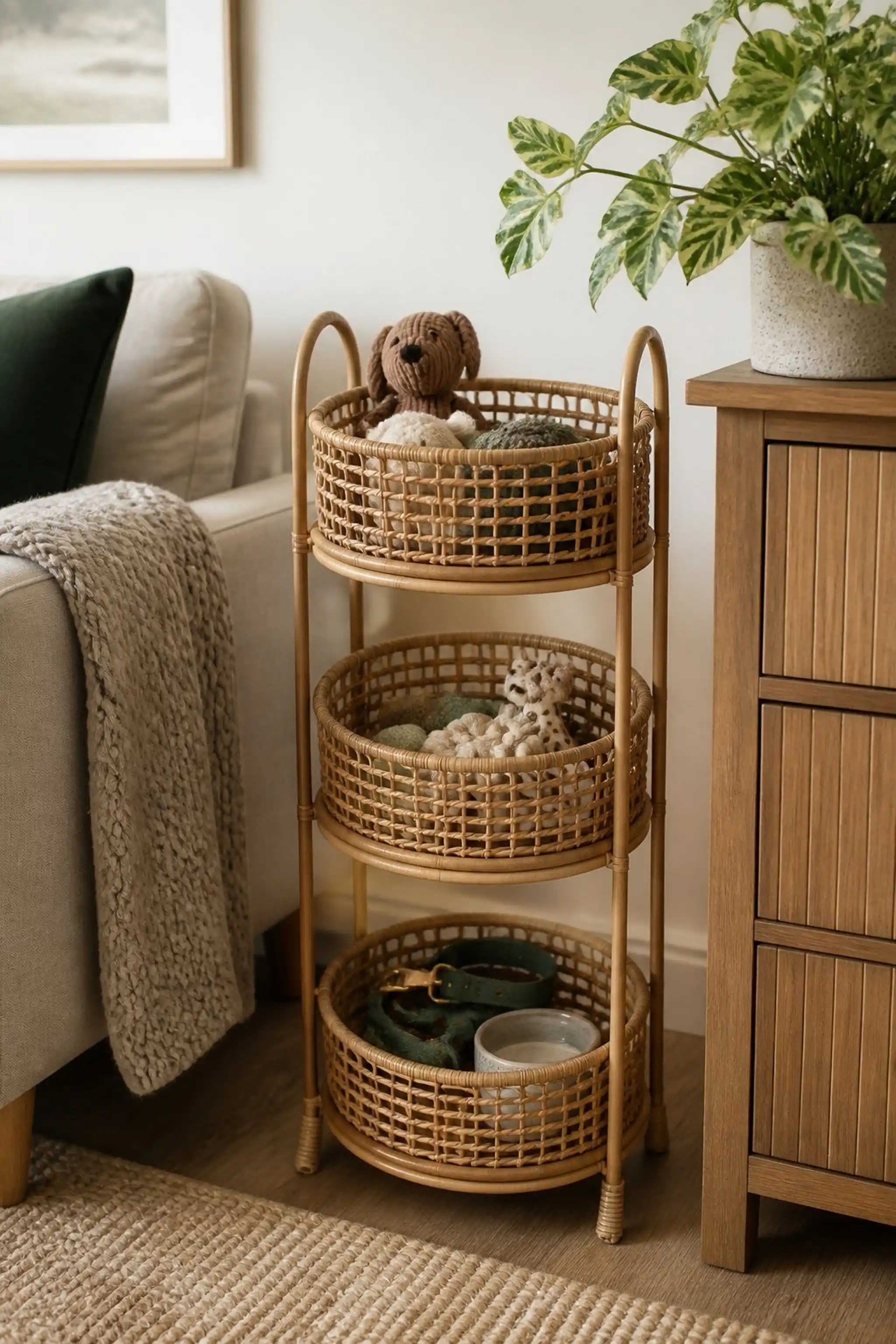 Multi-tiered woven basket for pet toys and essentials