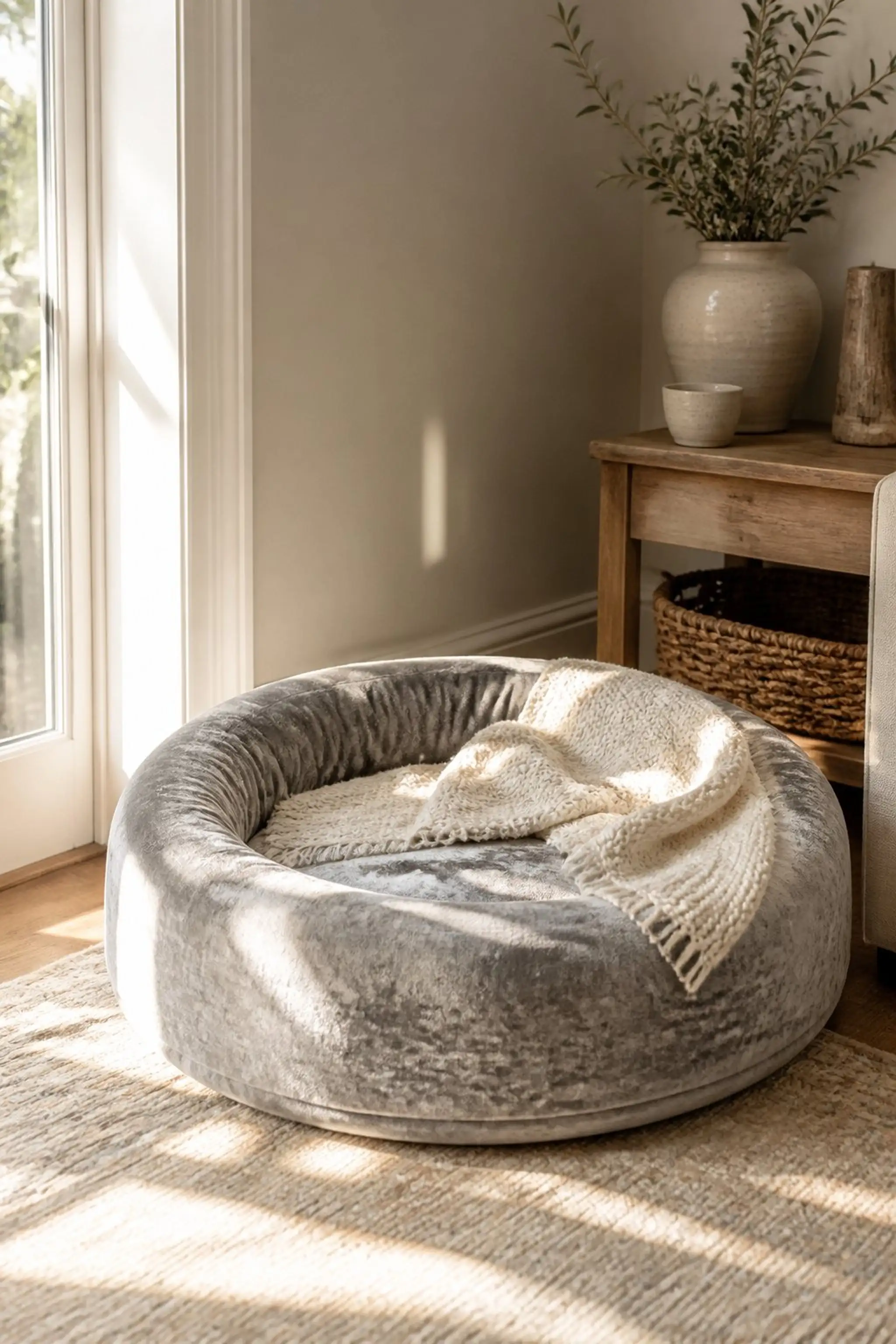 Velvet pet bed with removable washable cover