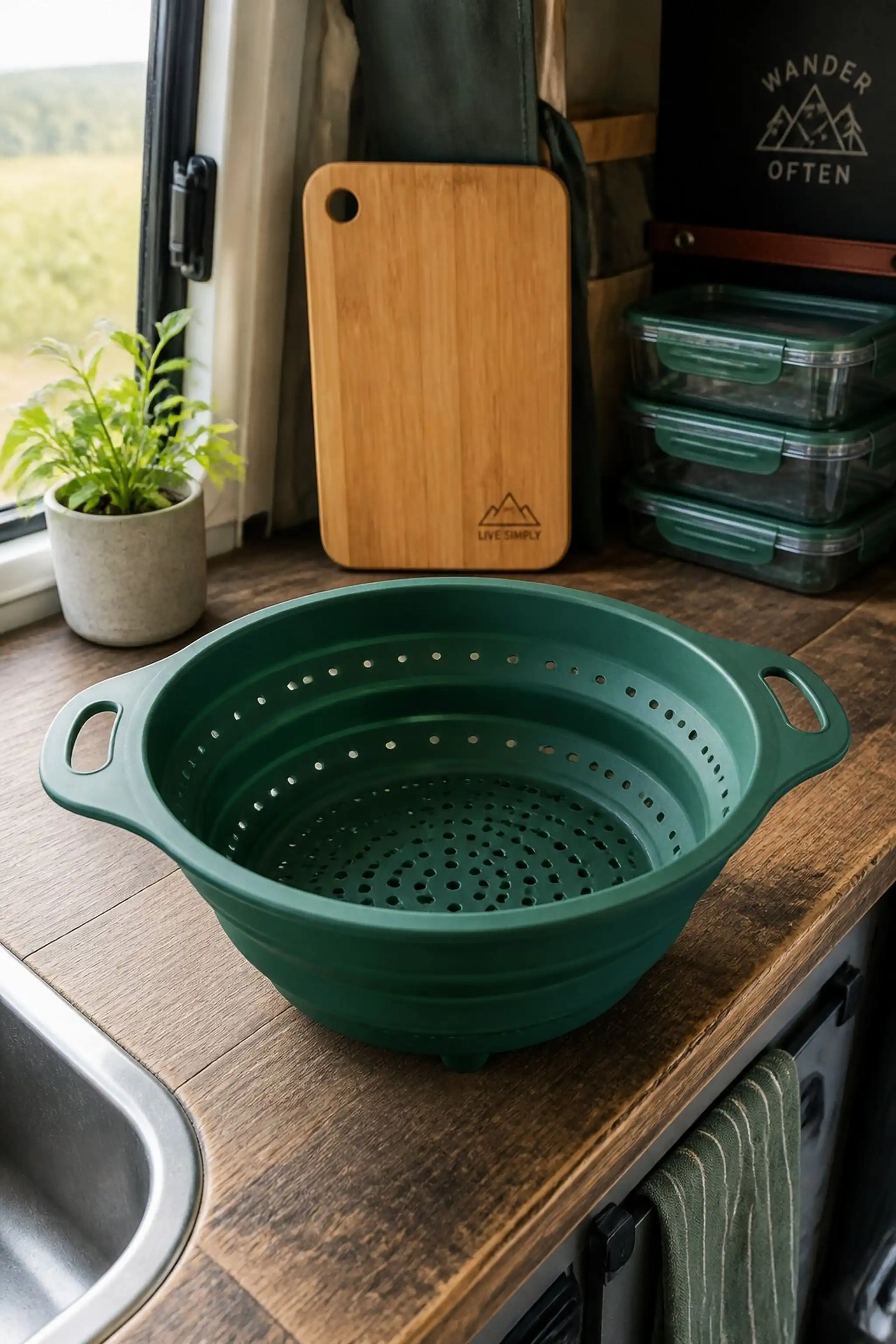Foldable silicone colander keeps veggies crisp