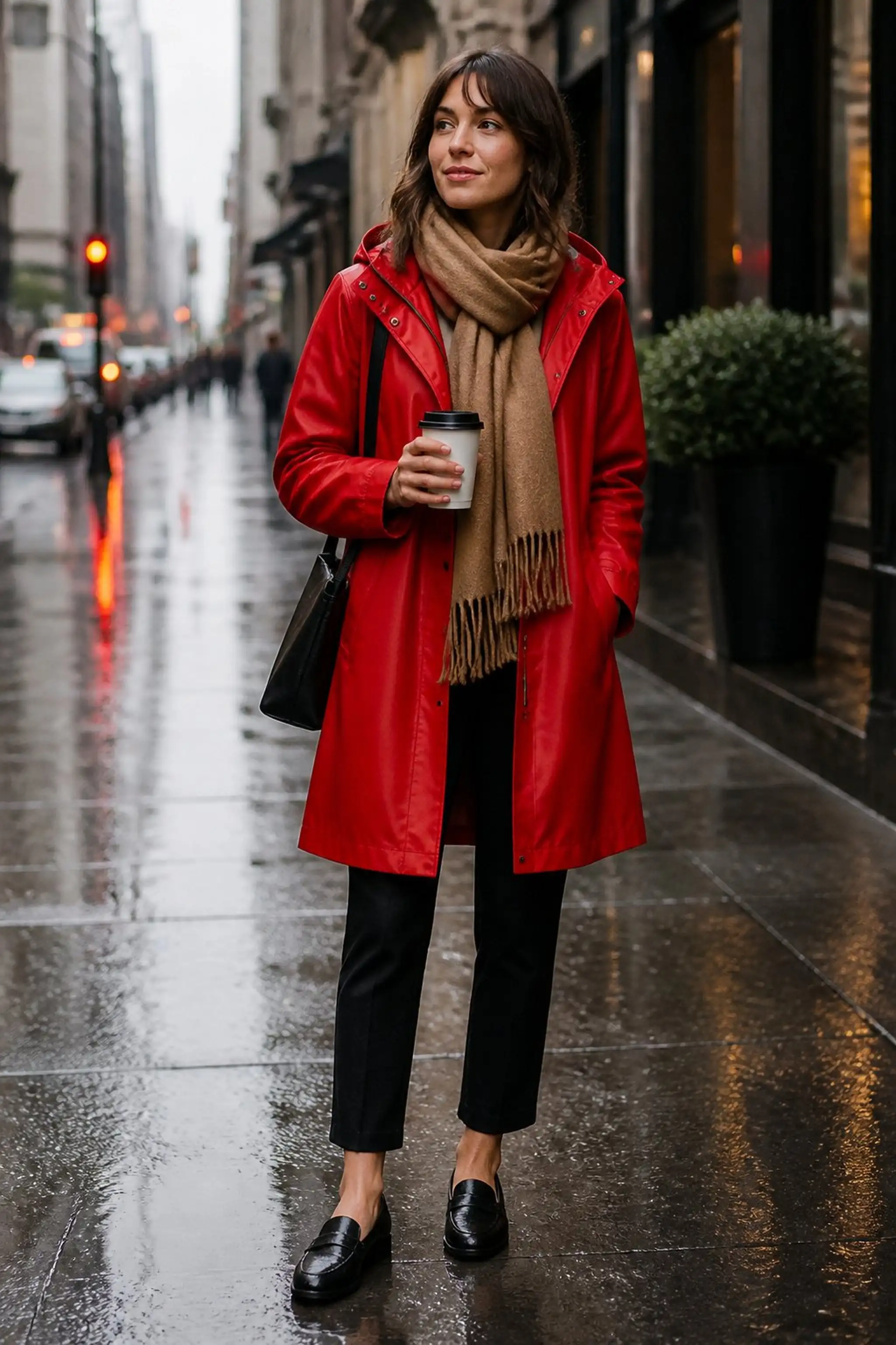 Bold red raincoat with soft camel wool scarf