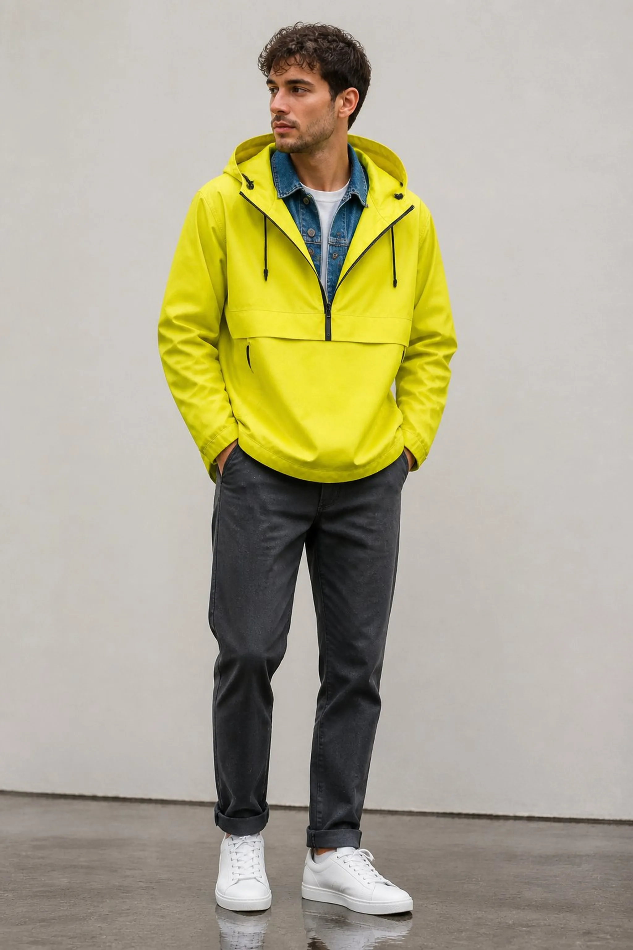 Classic denim jacket layered over a waterproof anorak