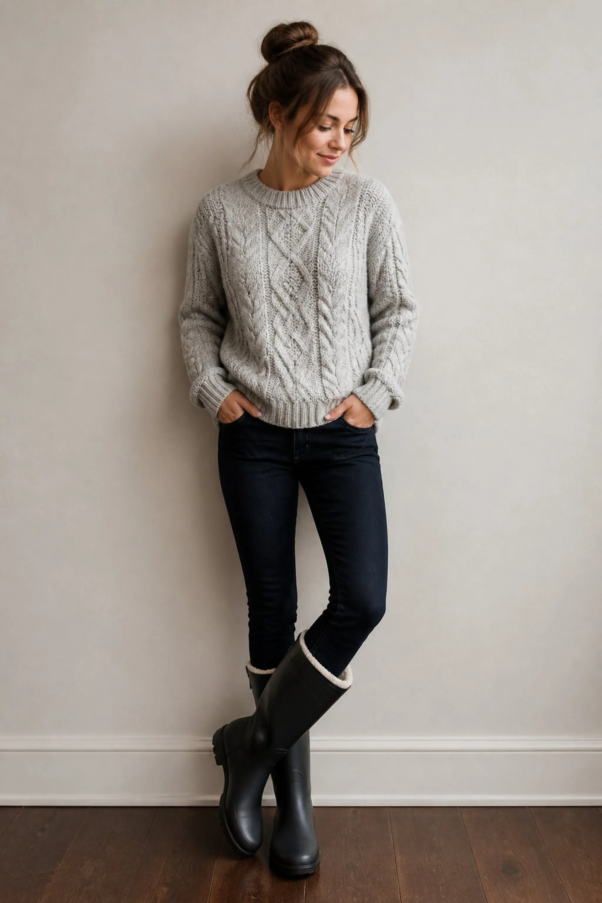 Fleece-lined rain boots teamed with layered knitwear