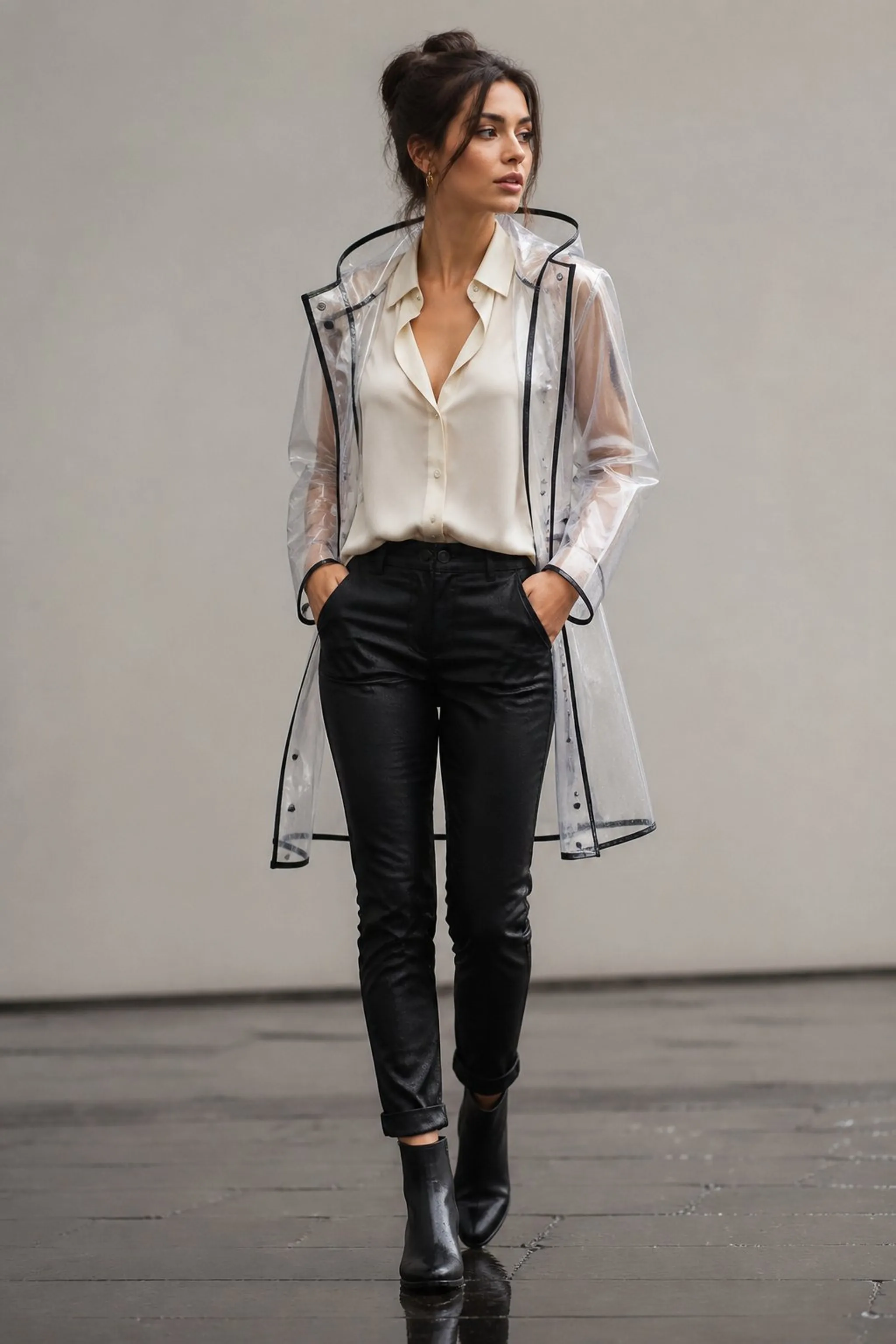 Layer a silk blouse under a transparent raincoat