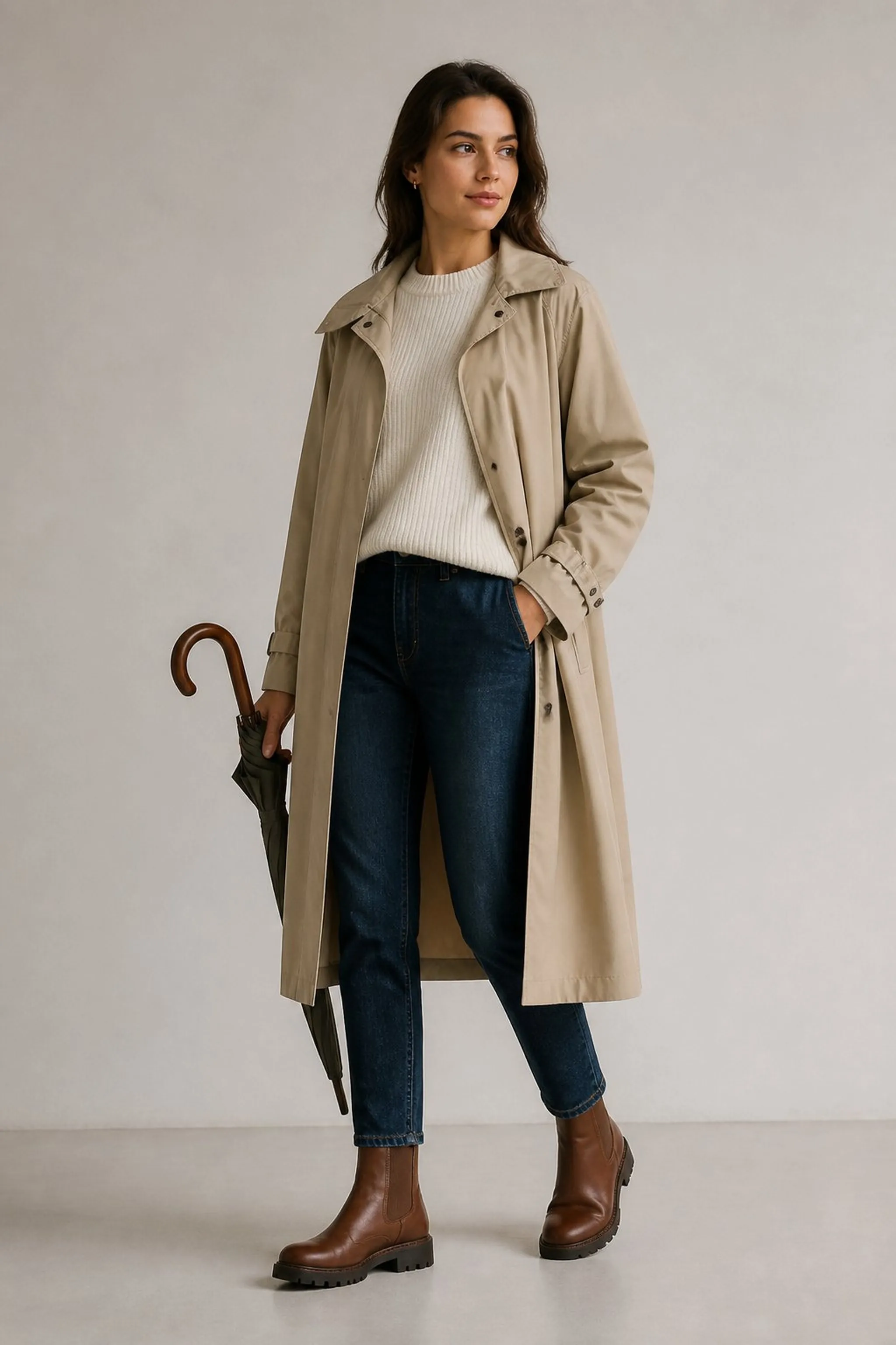 Lightweight waterproof trench with cozy knit sweater