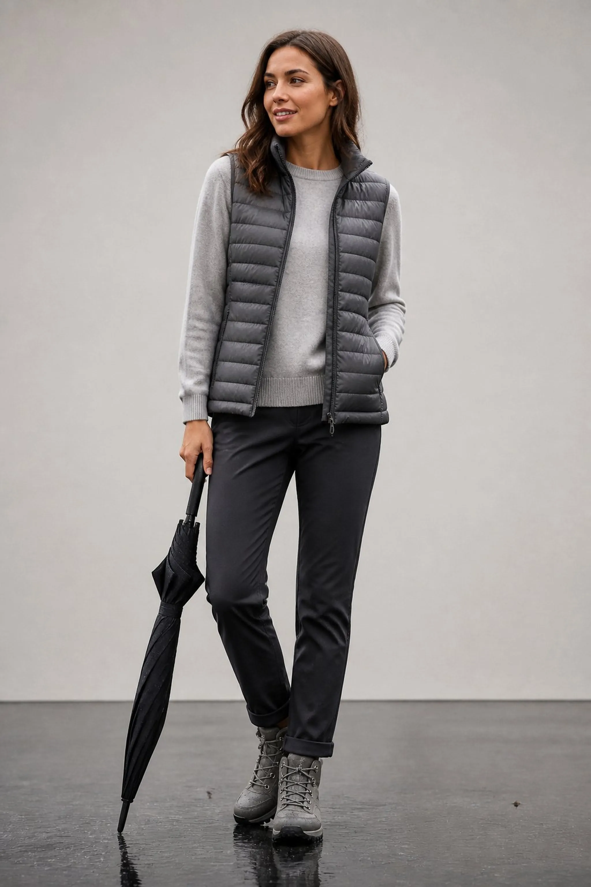 Monochrome gray look with puffer vest and sweater