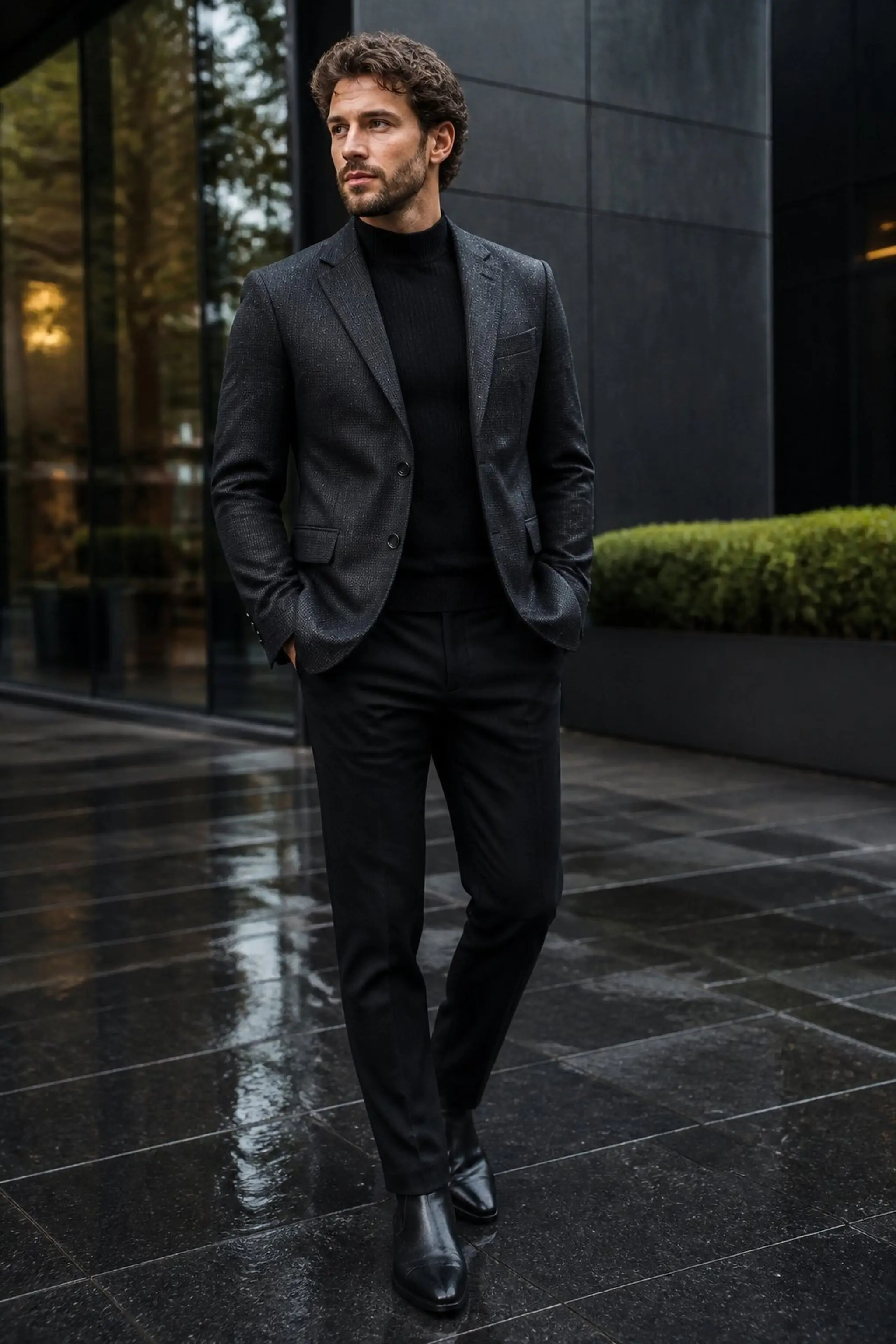 Patterned waterproof blazer paired with mock neck tee