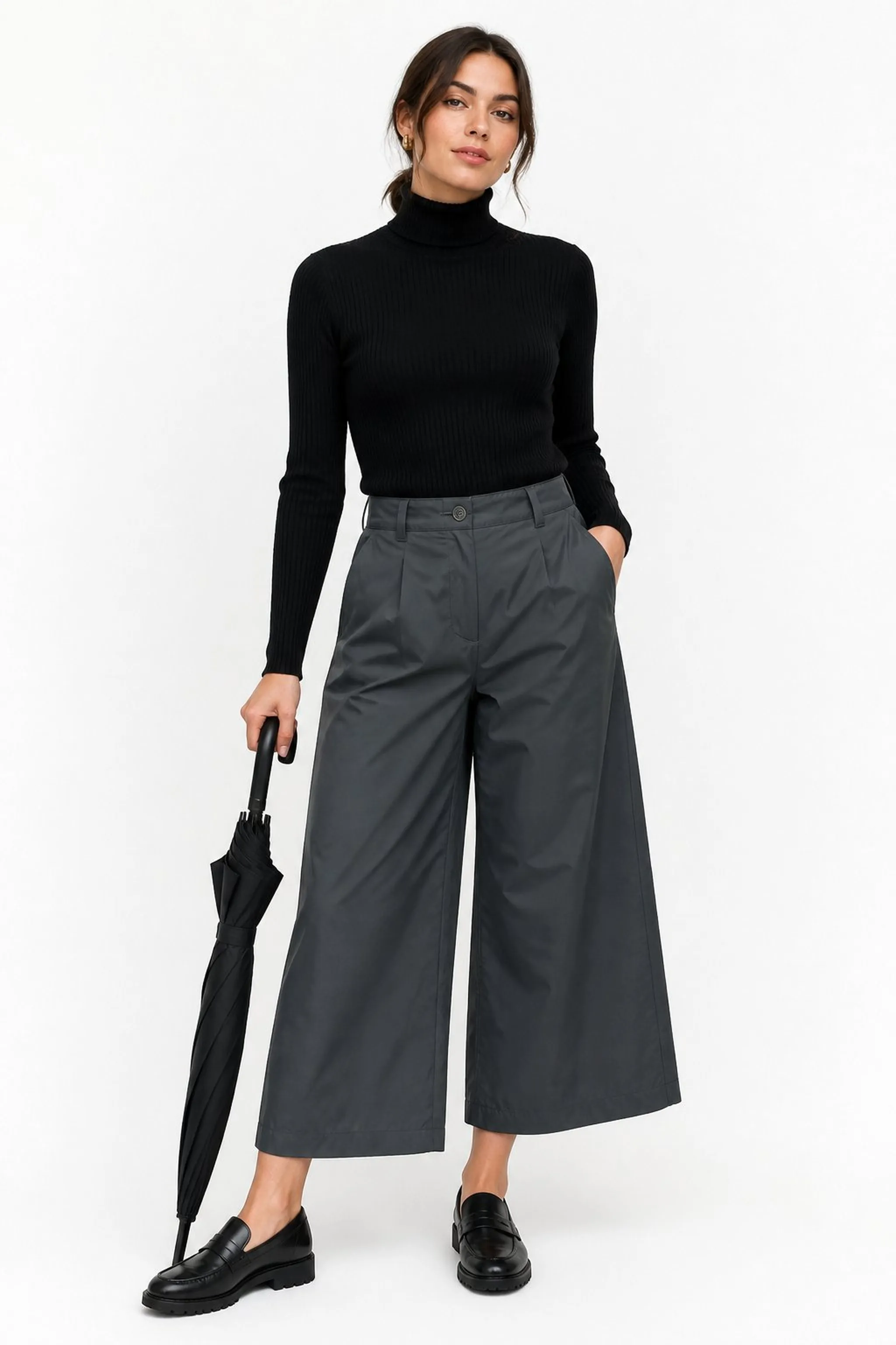 Rain-ready culottes paired with fitted turtleneck