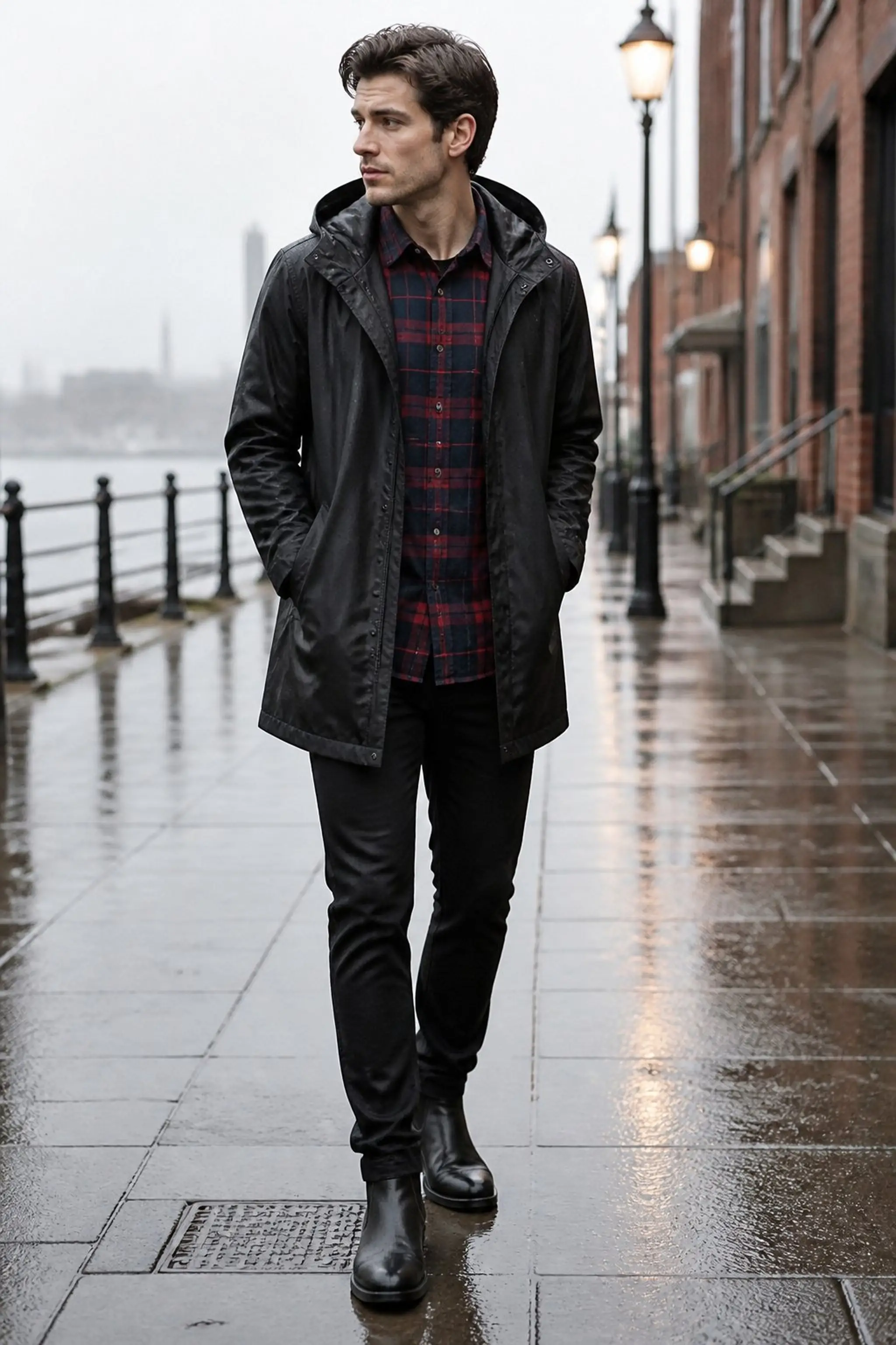 Sleek black raincoat with layered flannel shirt