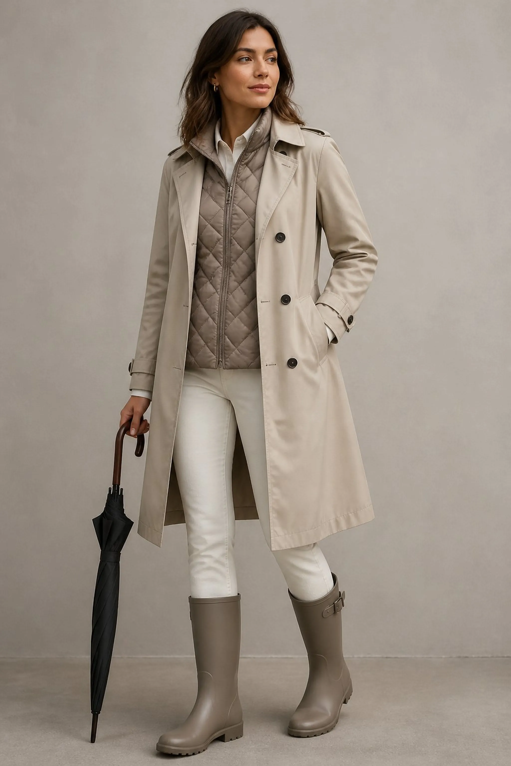 Soft trench coat with quilted insulated vest underlayer