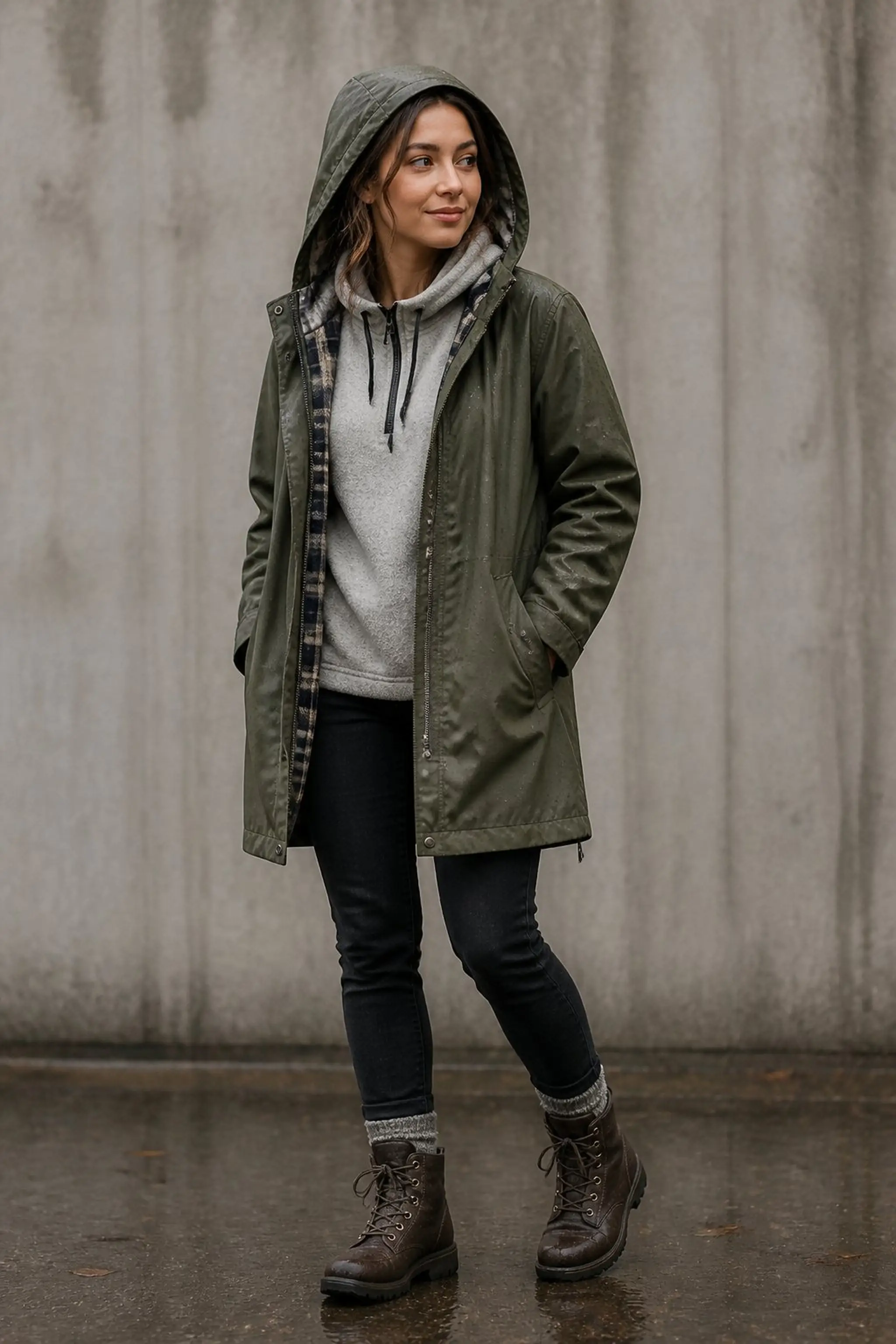 Water-resistant parka with fleece hoodie underneath