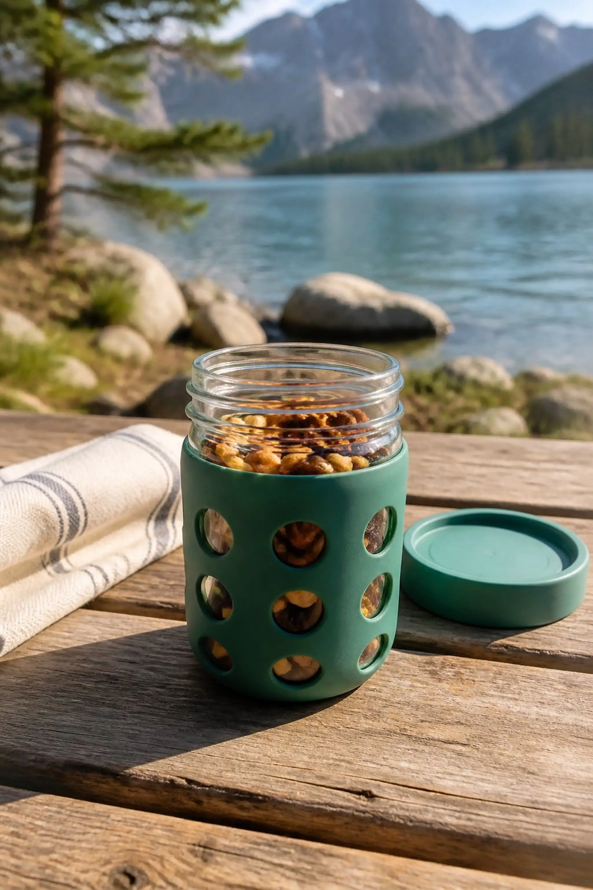 Glass snack jars with silicone sleeves for durability